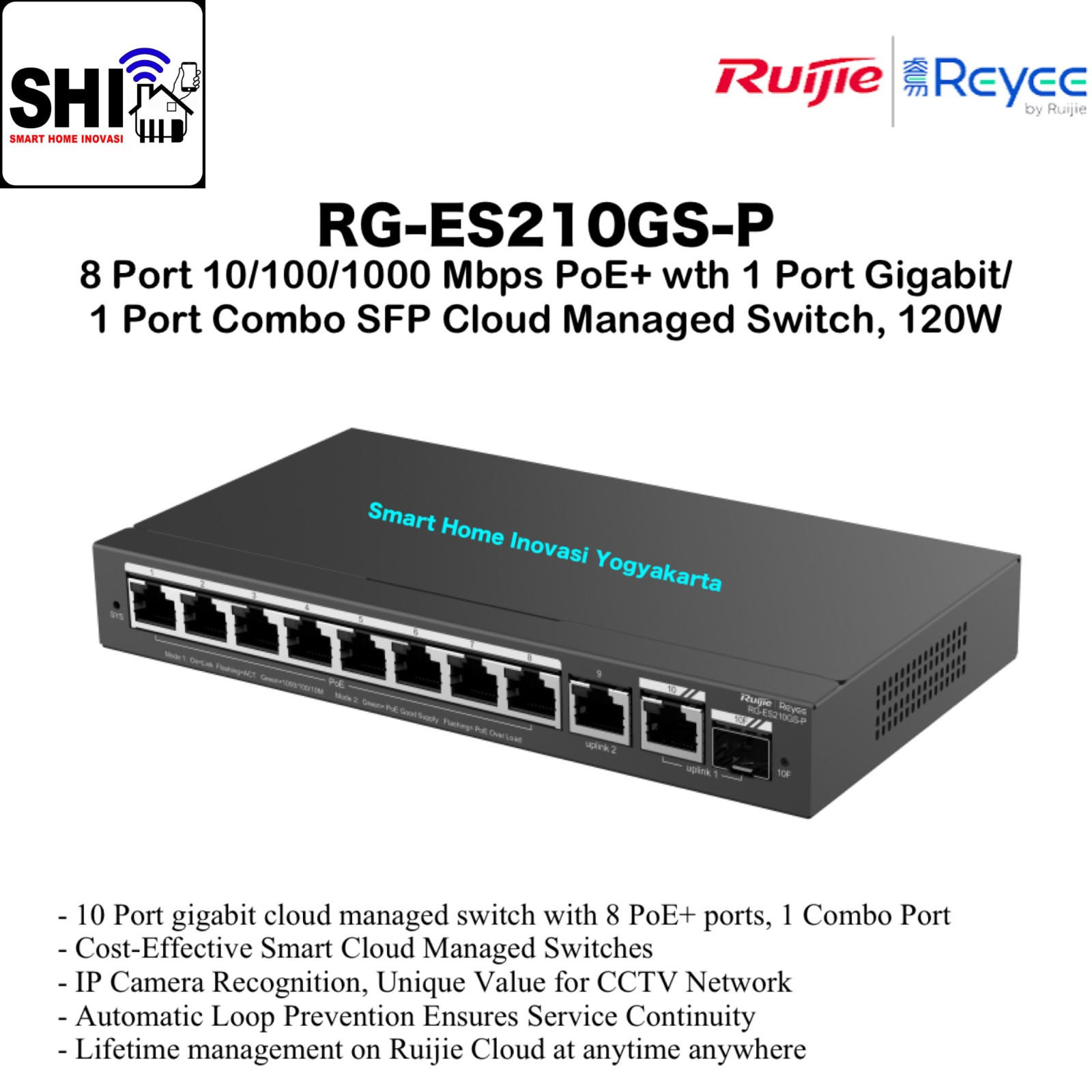RUIJIE REYEE RG-ES210GS-P, 8 Port 10/100/1000 Mbps PoE+ with 1 Port Gigabit/1 Port Combo SFP Cloud Managed Switch, 120W