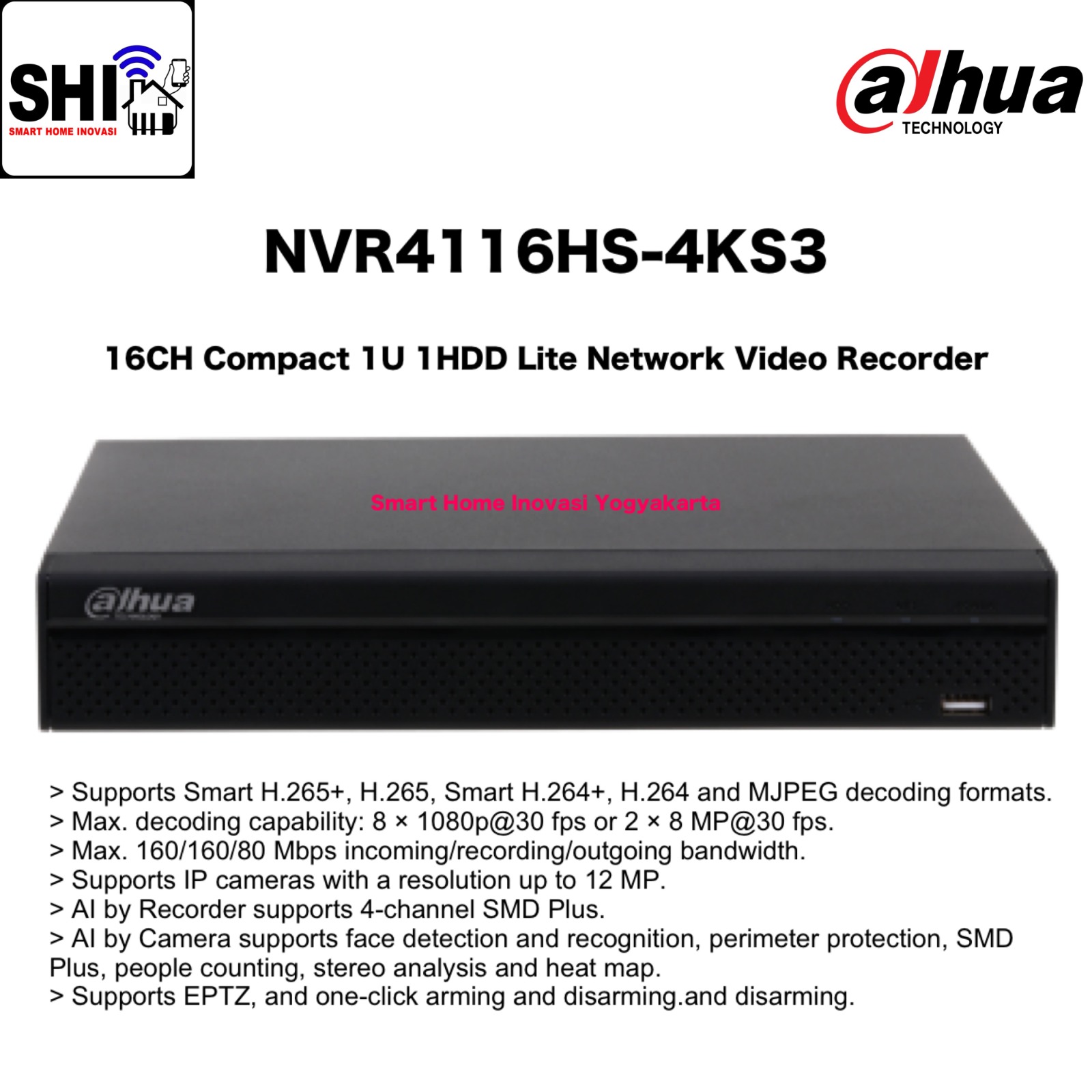 DAHUA NVR 16 Channel DHI-NVR4116HS-4KS3, 16CH Compact 1U 1HDD Lite Network Video Recorder