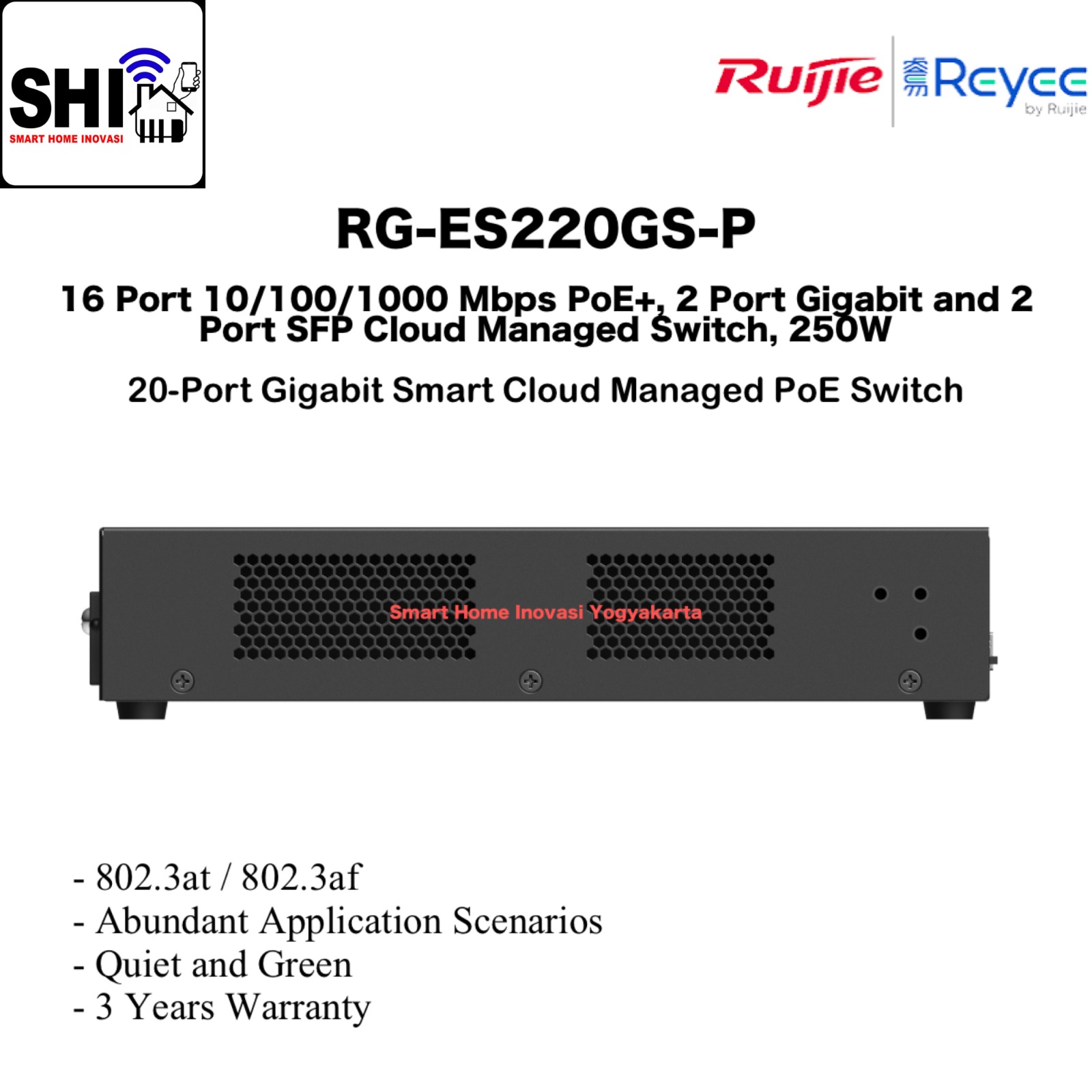 RUIJIE REYEE RG-ES220GS-P, 16 Port 10/100/1000 Mbps PoE+, 2 port Gigabit and 2 Port SFP Cloud Managed Switch, 250W