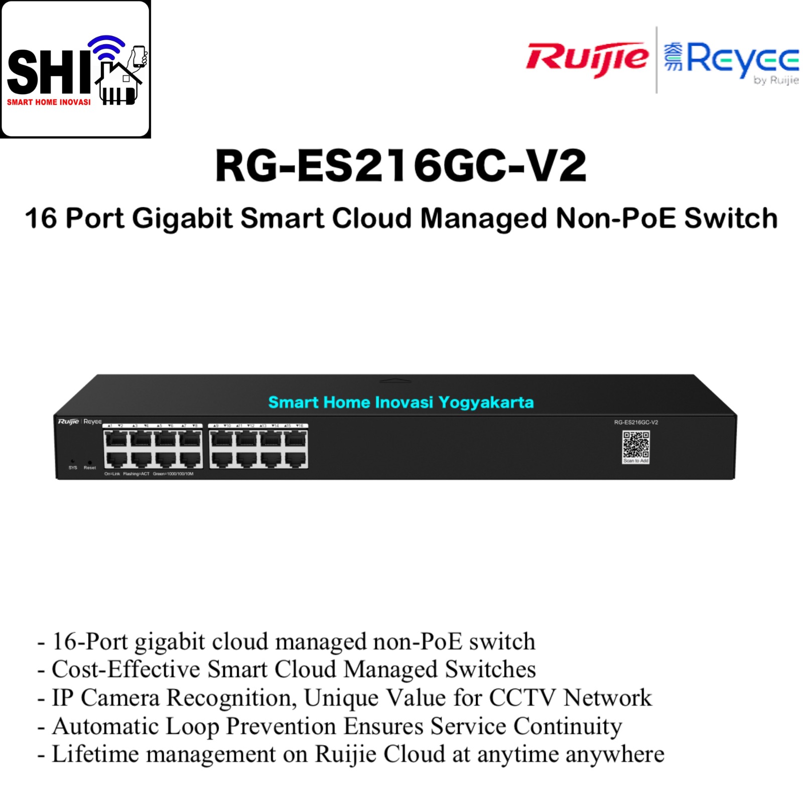 RUIJIE REYEE RG-ES216GC-V2, 16 Port Gigabit Smart Cloud Managed Non-PoE Switch