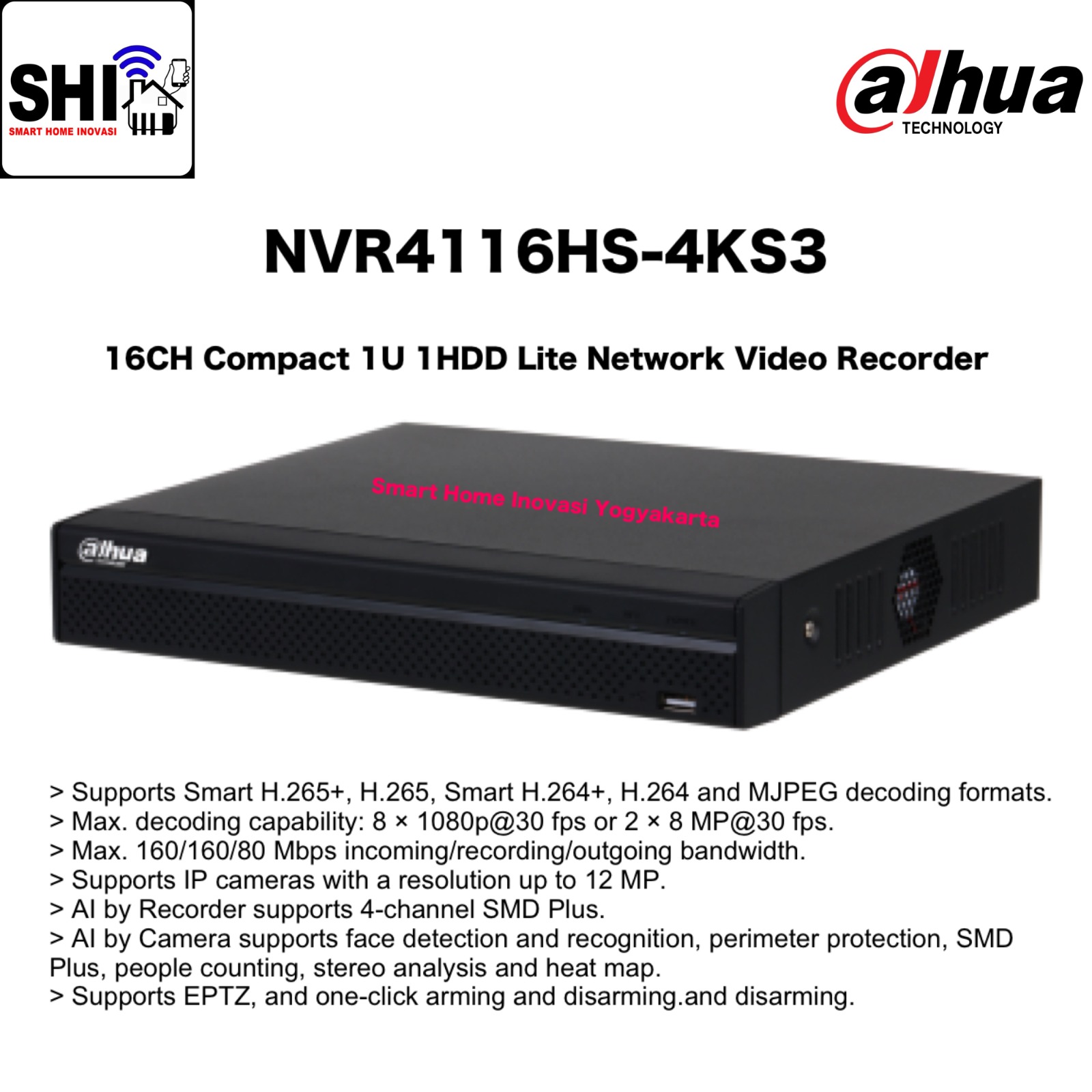 DAHUA NVR 16 Channel DHI-NVR4116HS-4KS3, 16CH Compact 1U 1HDD Lite Network Video Recorder