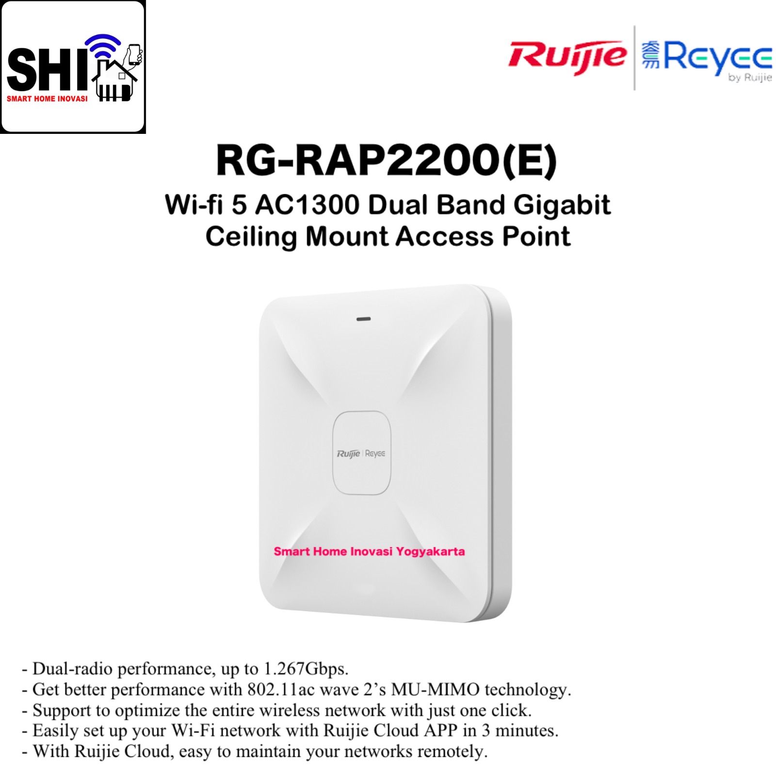 RUIJIE REYEE RG-RAP2200(E), Wi-fi 5 AC1300 Dual Band Gigabit Ceiling Mount Access Point