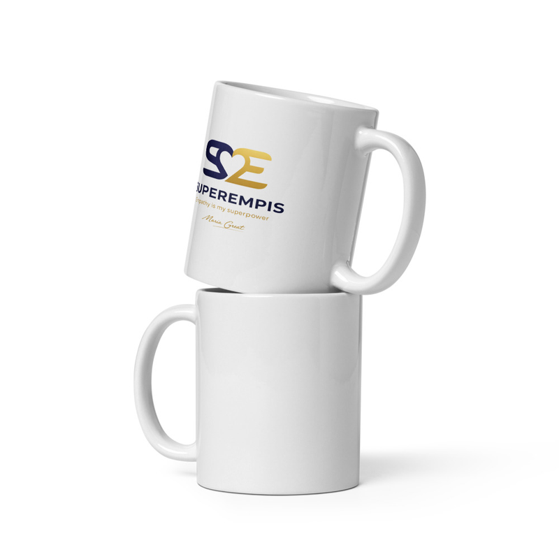 Vlkoinen Super Emppis logo muki tekstillä