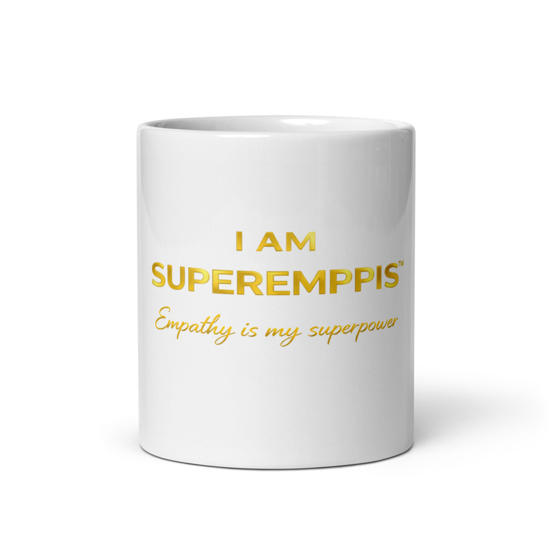 White glossy mug Super Emppis - Empathy is my super power text