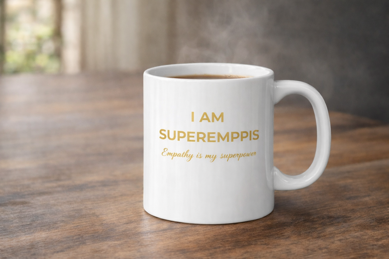 White glossy mug Super Emppis - Empathy is my super power text