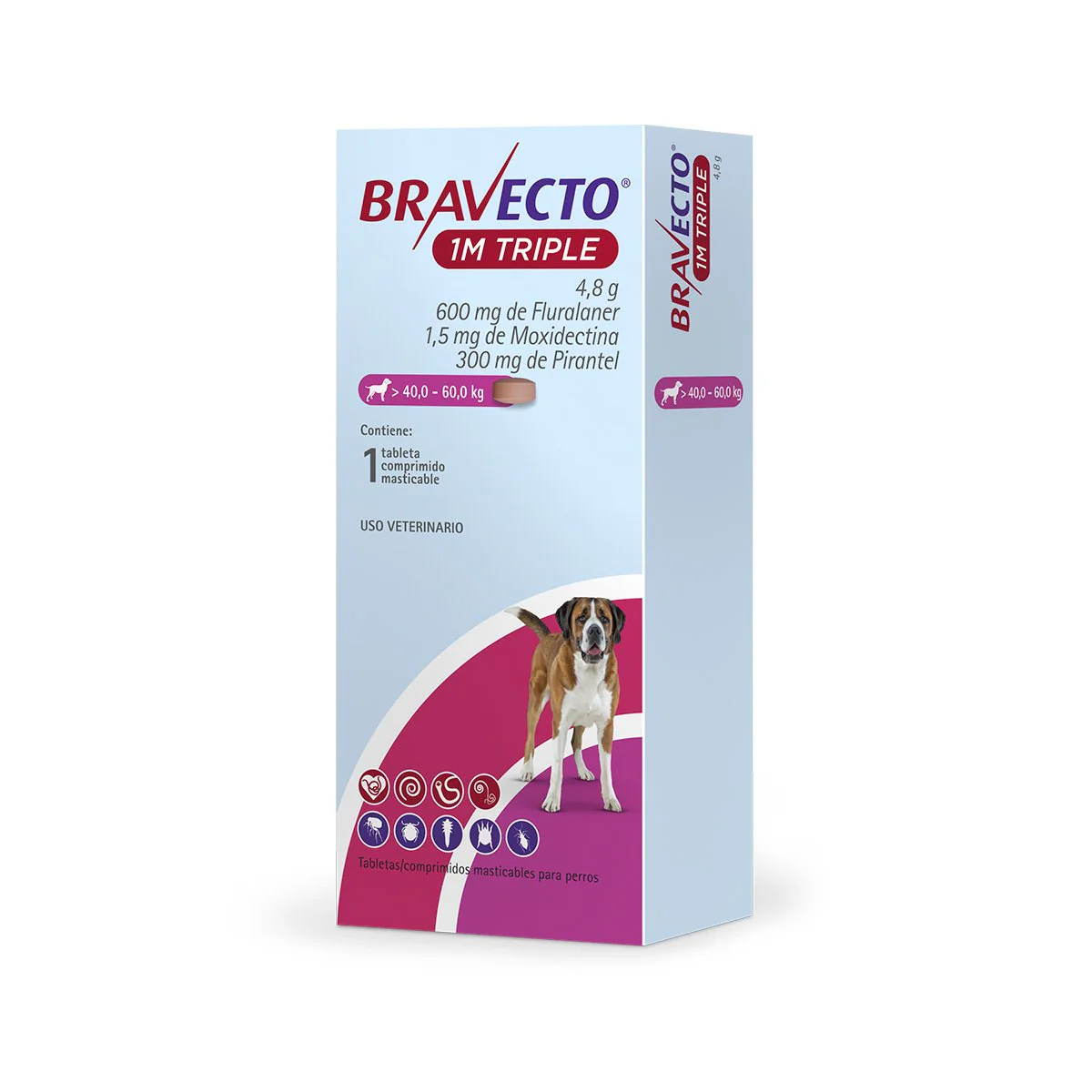 BRAVECTO 1M TRIPLE 600MG 40-60 KG 1TAB DESPARASITANTE INTERNO Y EXTERNO