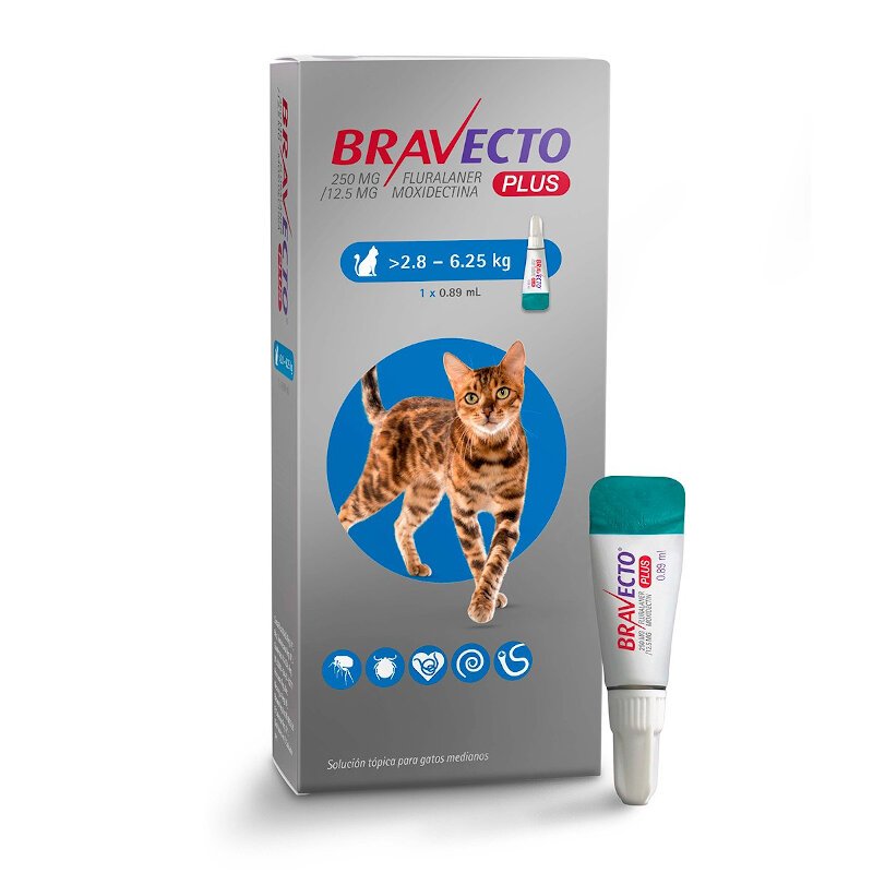 BRAVECTO PLUS CAT 250 MG 1 PIPETA  2.8-6.25 KG 3 MESES DURACION PULGAS Y GARRAPATAS