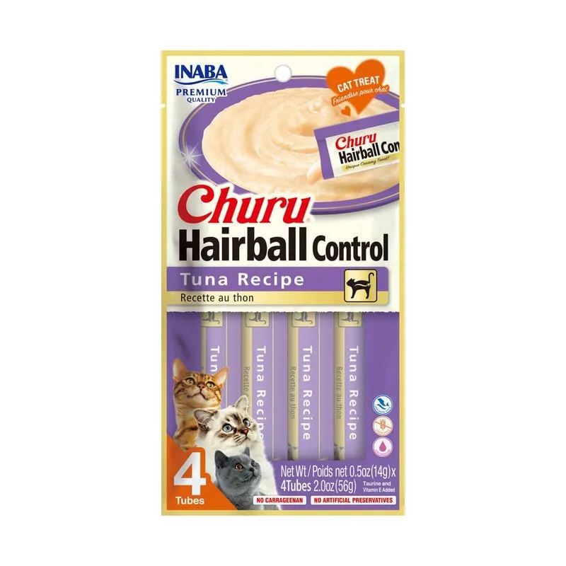 Churú Premios para HAIRBALL CONTROL Sabor Atún, Puré Cremoso, Delicioso Sabor, Caja 6 Bolsas, 24 Tubos de 14 grs c/u