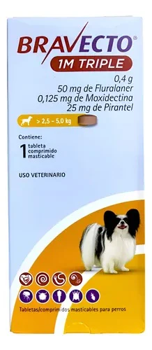 BRAVECTO 1M TRIPLE 50 MG 2-5 KG 1TAB DESPARASITANTE INTERNO Y EXTERNO