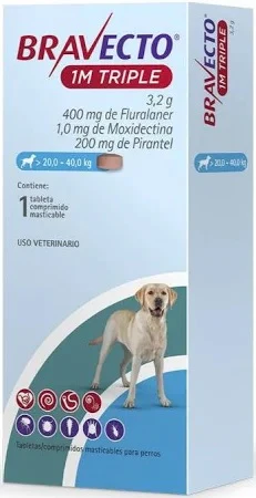 BRAVECTO 1M TRIPLE 400MG 20-40 KG 1TAB DESPARASITANTE INTERNO Y EXTERNO
