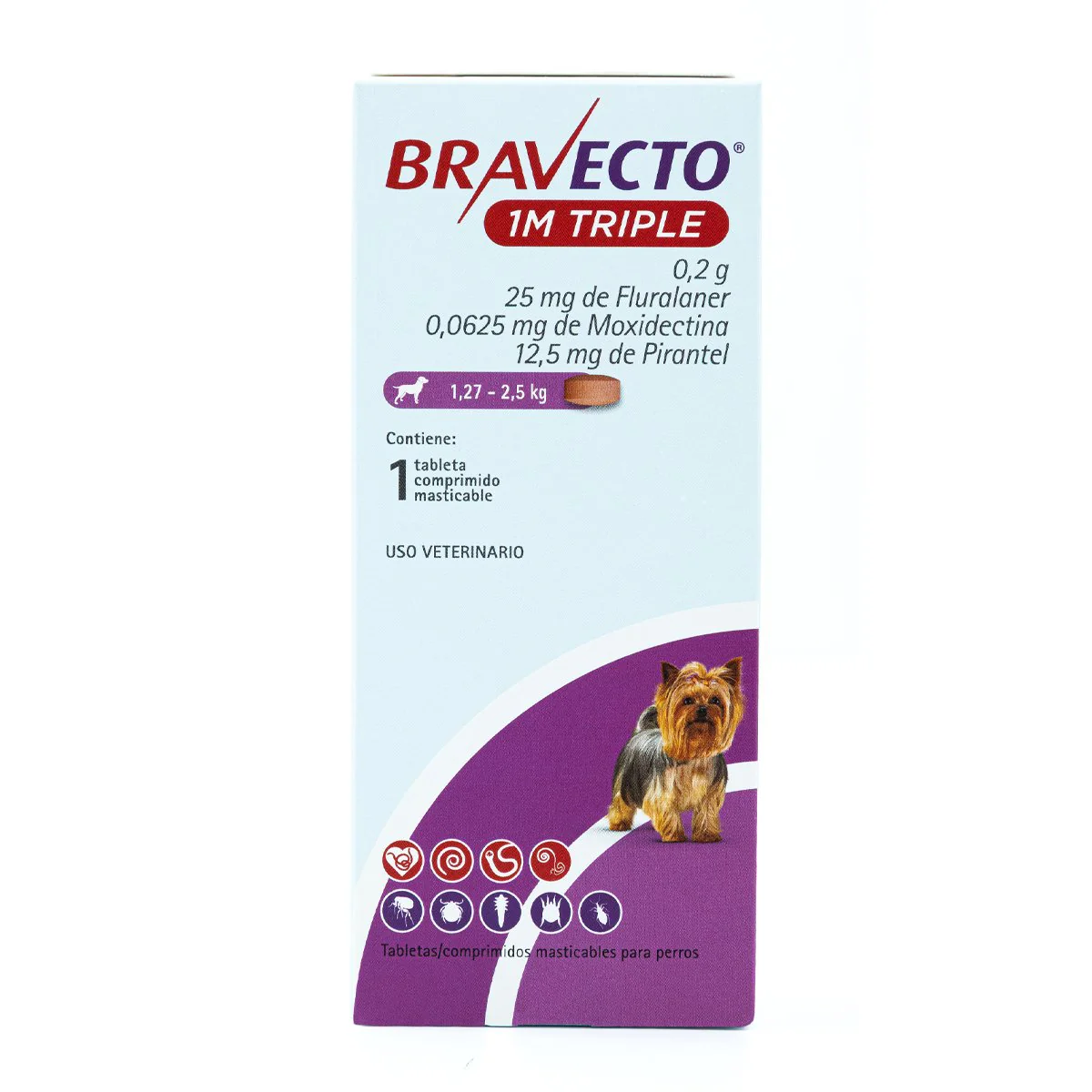 BRAVECTO 1M TRIPLE 25MG 1-2 KG 1TAB DESPARASITANTE INTERNO Y EXTERNO