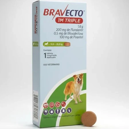 BRAVECTO 1M TRIPLE 200MG 10-20 KG 1TAB DESPARASITANTE INTERNO Y EXTERNO