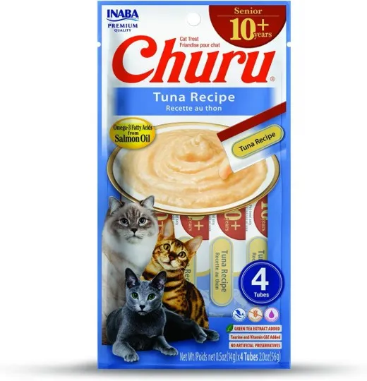 Churu Premios para SENIOR Sabor Atún, Puré Cremoso, Delicioso Sabor, Caja 6 Bolsas, 24 Tubos de 14 grs c/u