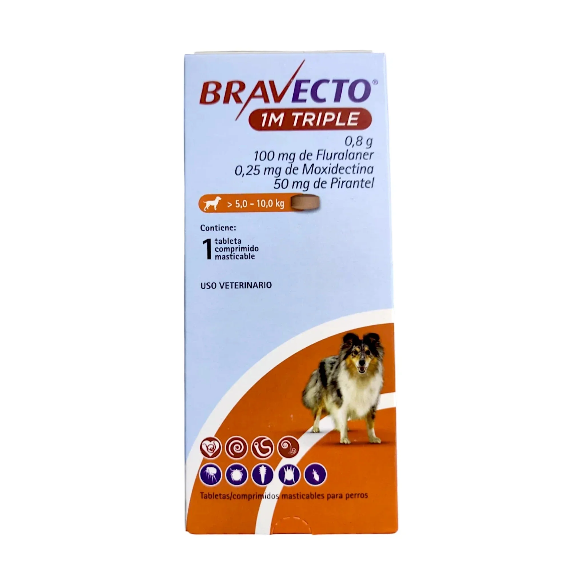 BRAVECTO 1M TRIPLE 100MG 5-10 KG 1TAB 1MES DESPARASITANTE INTERNO Y EXTERNO