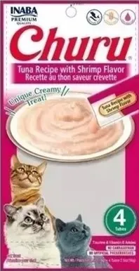Churu Premios para Gato Sabor Atún y Camarón, Puré Cremoso, Delicioso Sabor, Caja 6 Bolsas, 24 Tubos de 14 grs c/u