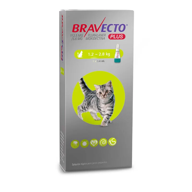 BRAVECTO PLUS CAT 112.5 MG 1 PIPETA 1.2- 2-8 KG 3 MESES DE DURACION PULGAS Y GARRAPATAS