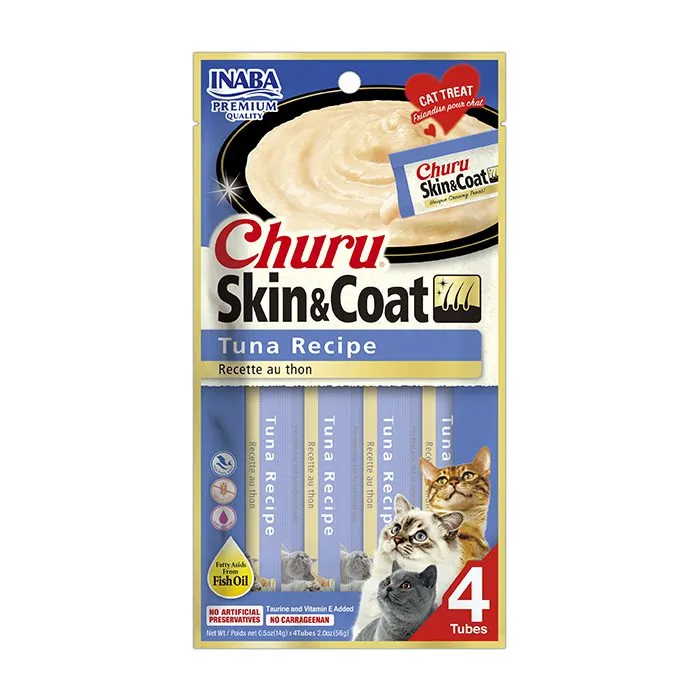 Churú Premios para SKIN & COAT Sabor Atún, Puré Cremoso, Delicioso Sabor, Caja 6 Bolsas, 24 Tubos de 14 grs c/u