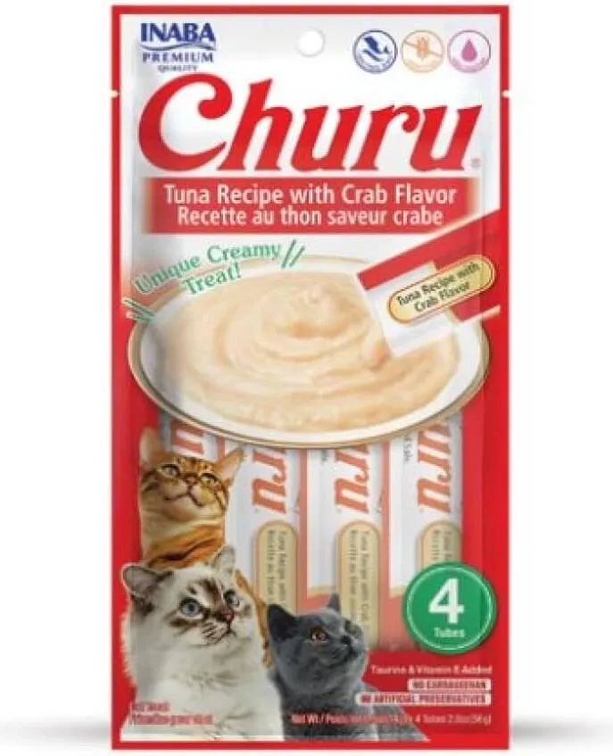 Churu Premios para Gato Sabor Atún y Cangrejo, Puré Cremoso, Delicioso Sabor, Caja 6 Bolsas, 24 Tubos de 14 grs c/u