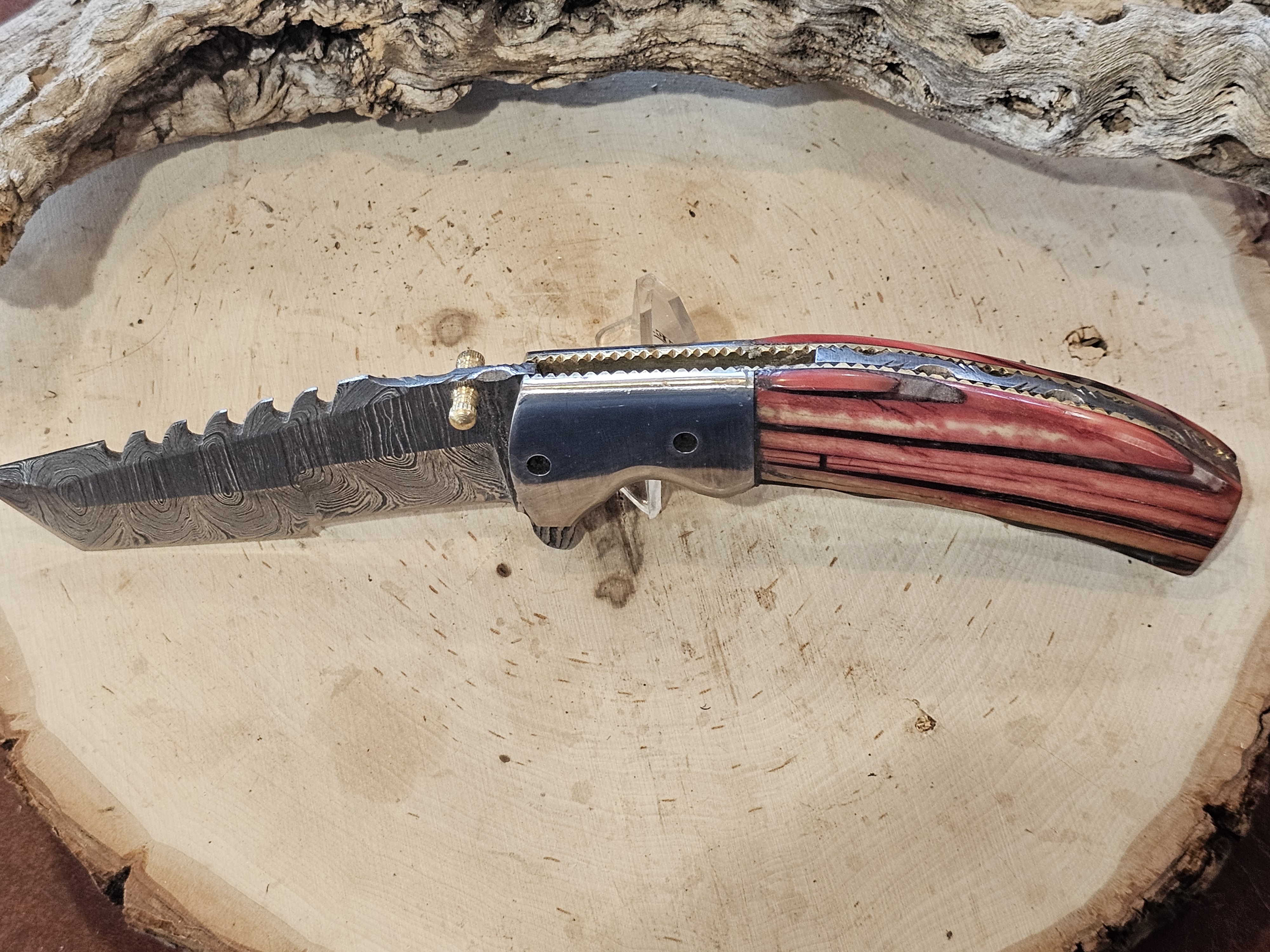 Handcrafted Damascus Folding Knife Woolly Mammoth Tusk Handle