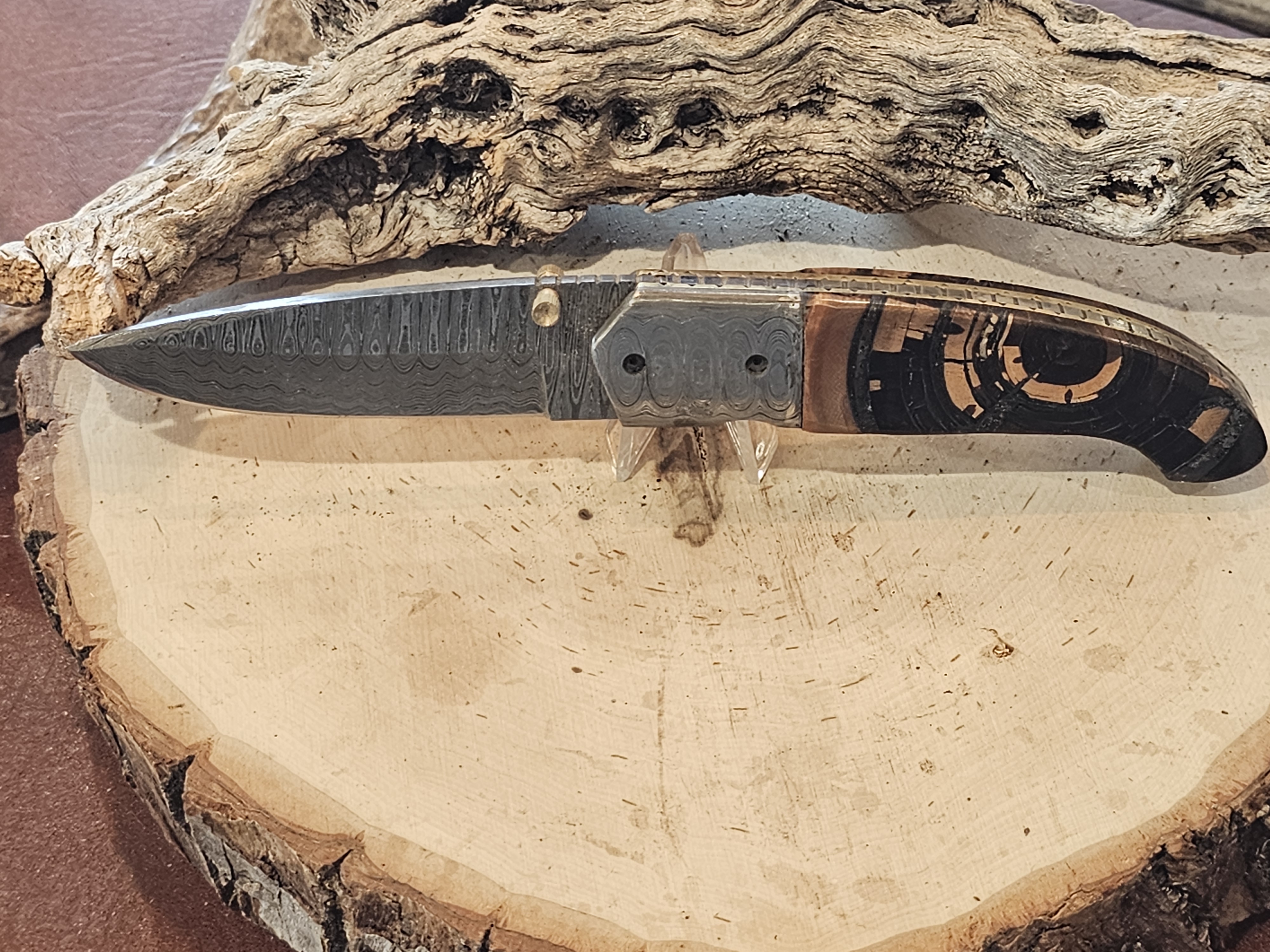 Damascus Folding Knife Woolly Mammoth Tusk Handle