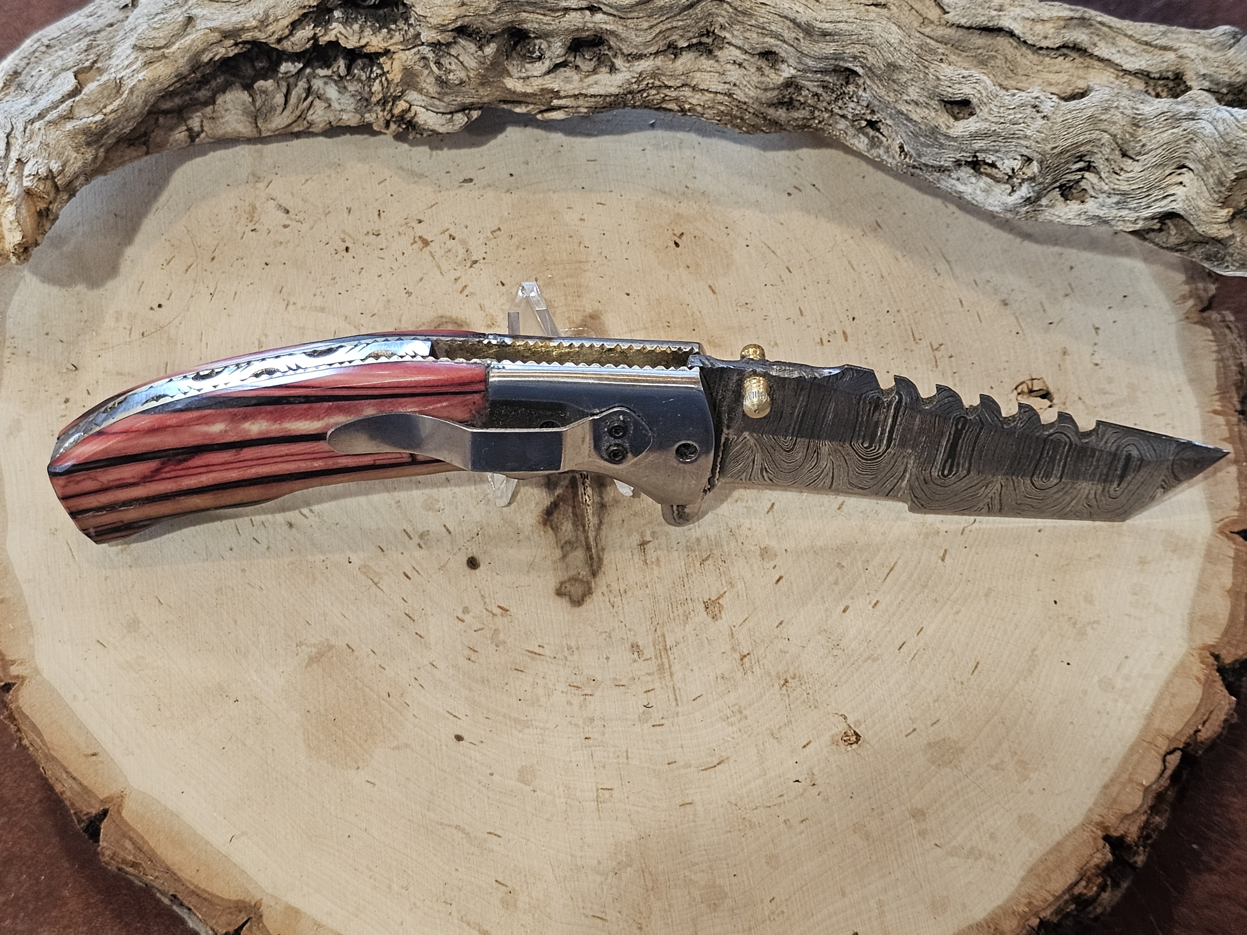 Handcrafted Damascus Folding Knife Woolly Mammoth Tusk Handle