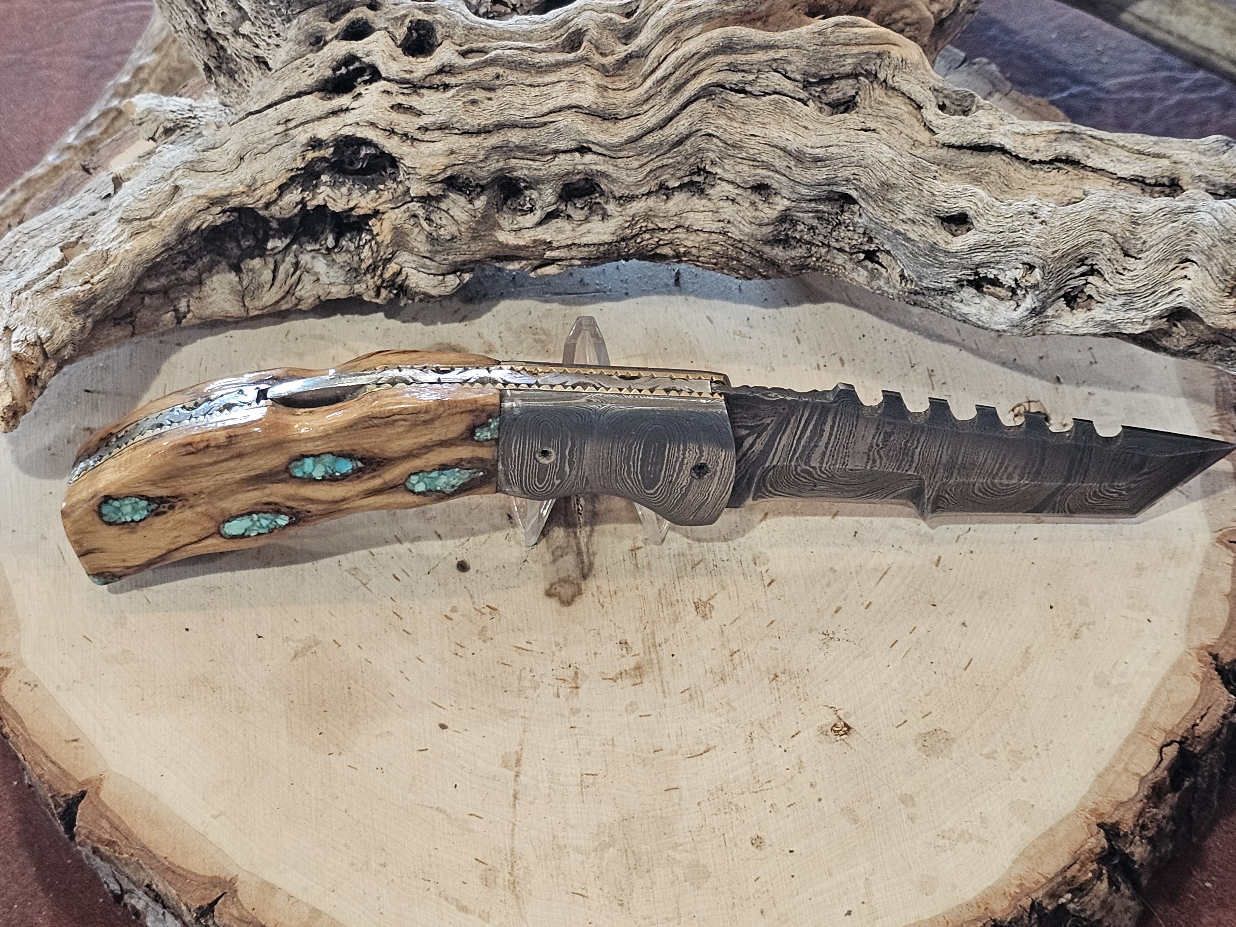 Cholla Cactus and Sleeping Beauty Turquoise Damascus Folding Knife
