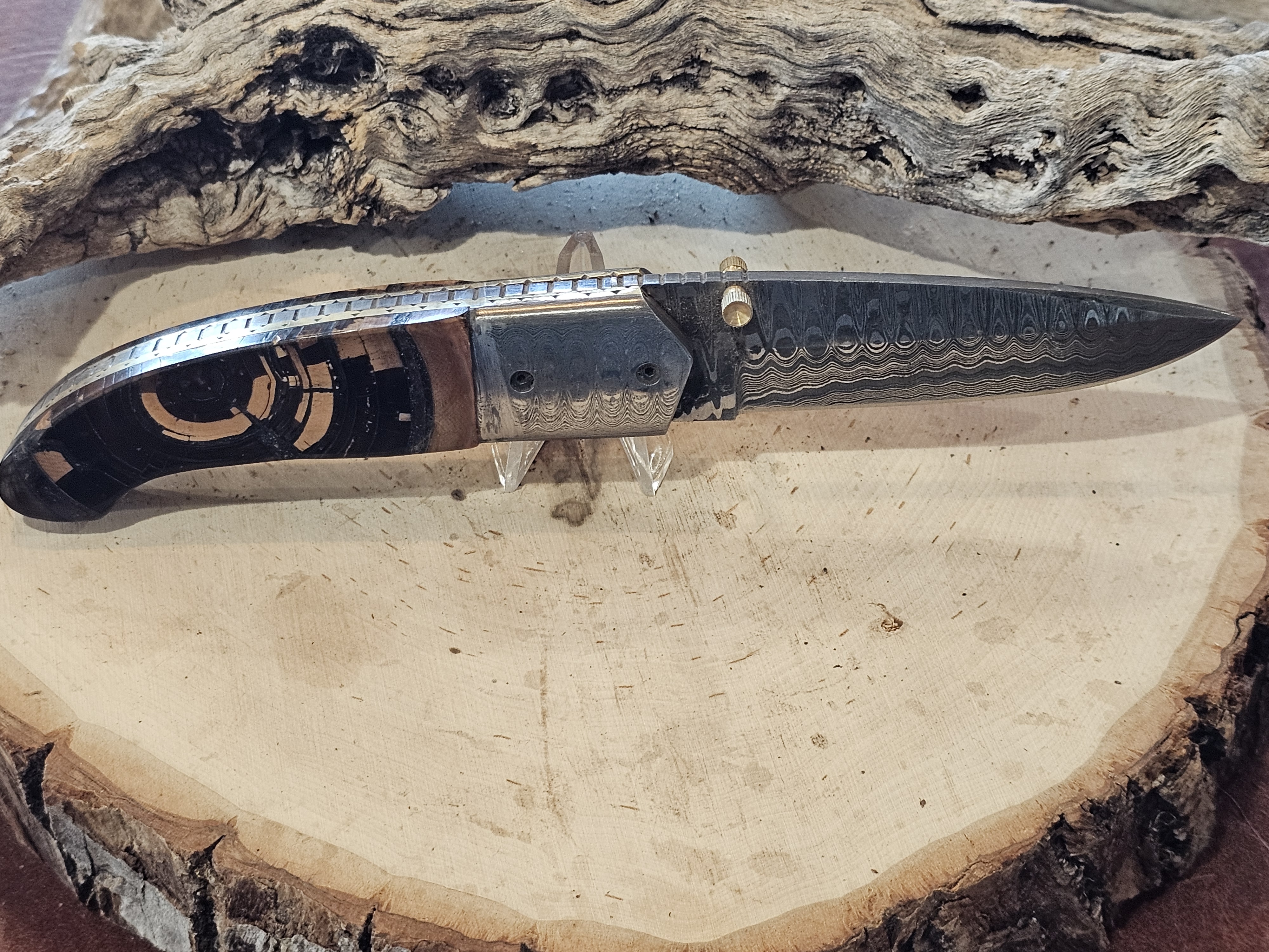 Damascus Folding Knife Woolly Mammoth Tusk Handle