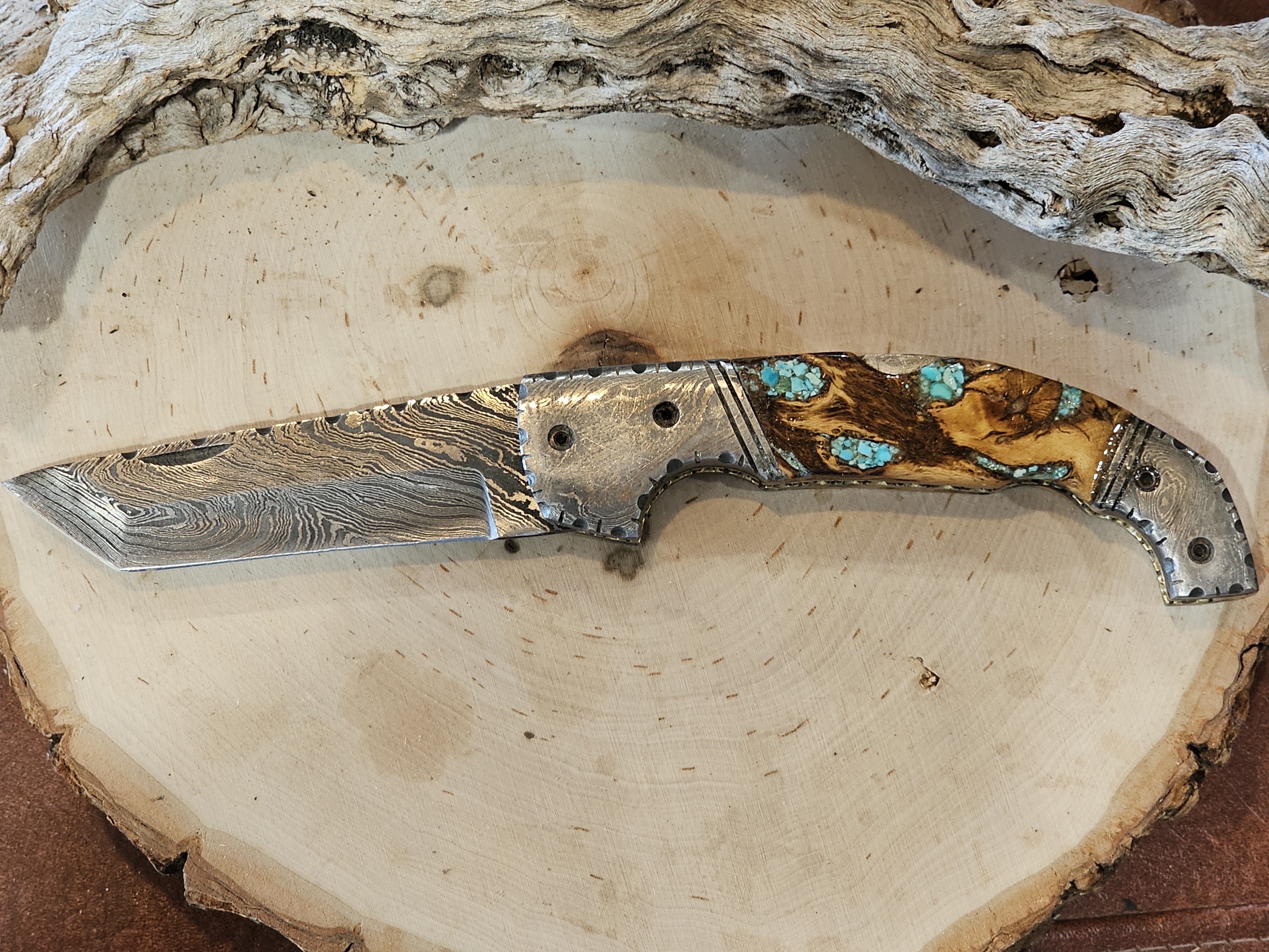 Cholla Cactus inlaid with Sleeping Beauty Turquoise Damascus Folding Knife