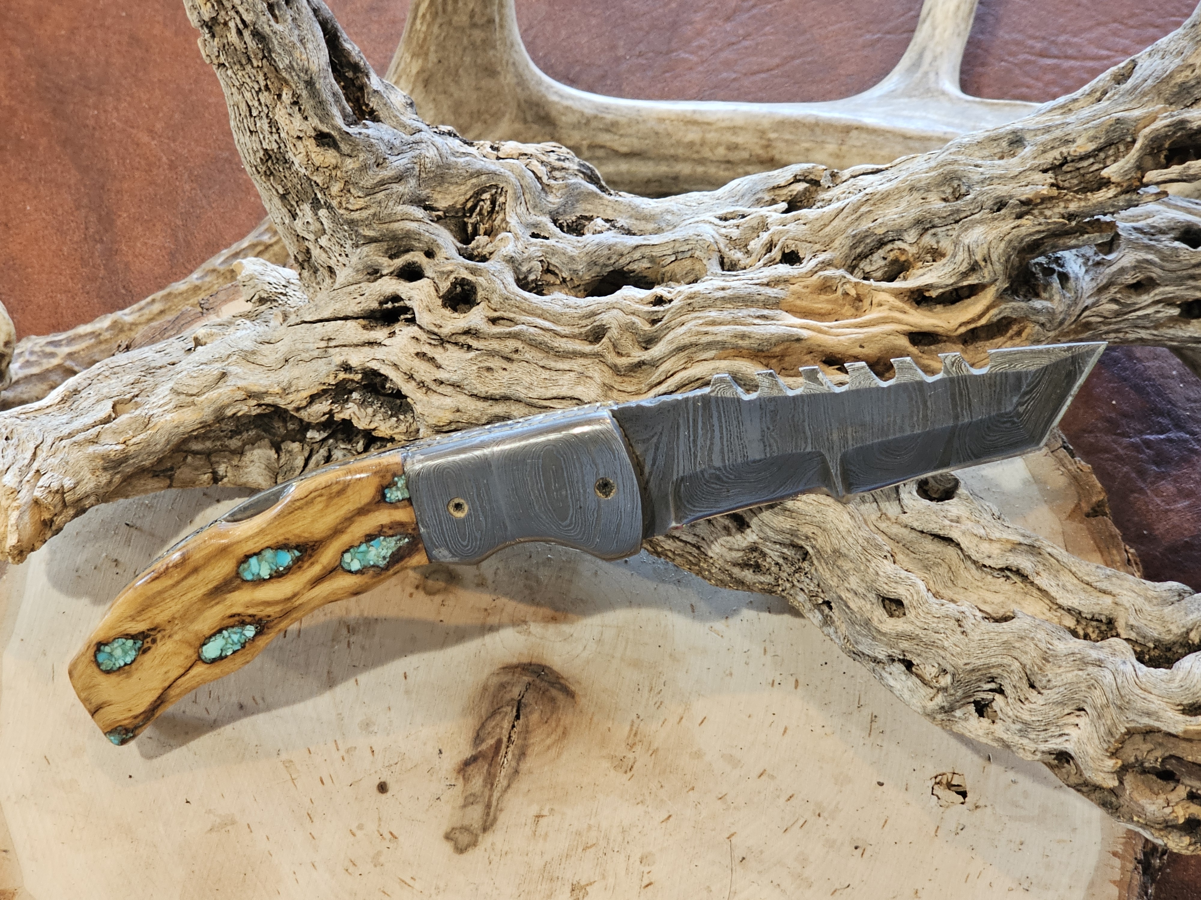 Cholla Cactus and Sleeping Beauty Turquoise Damascus Folding Knife