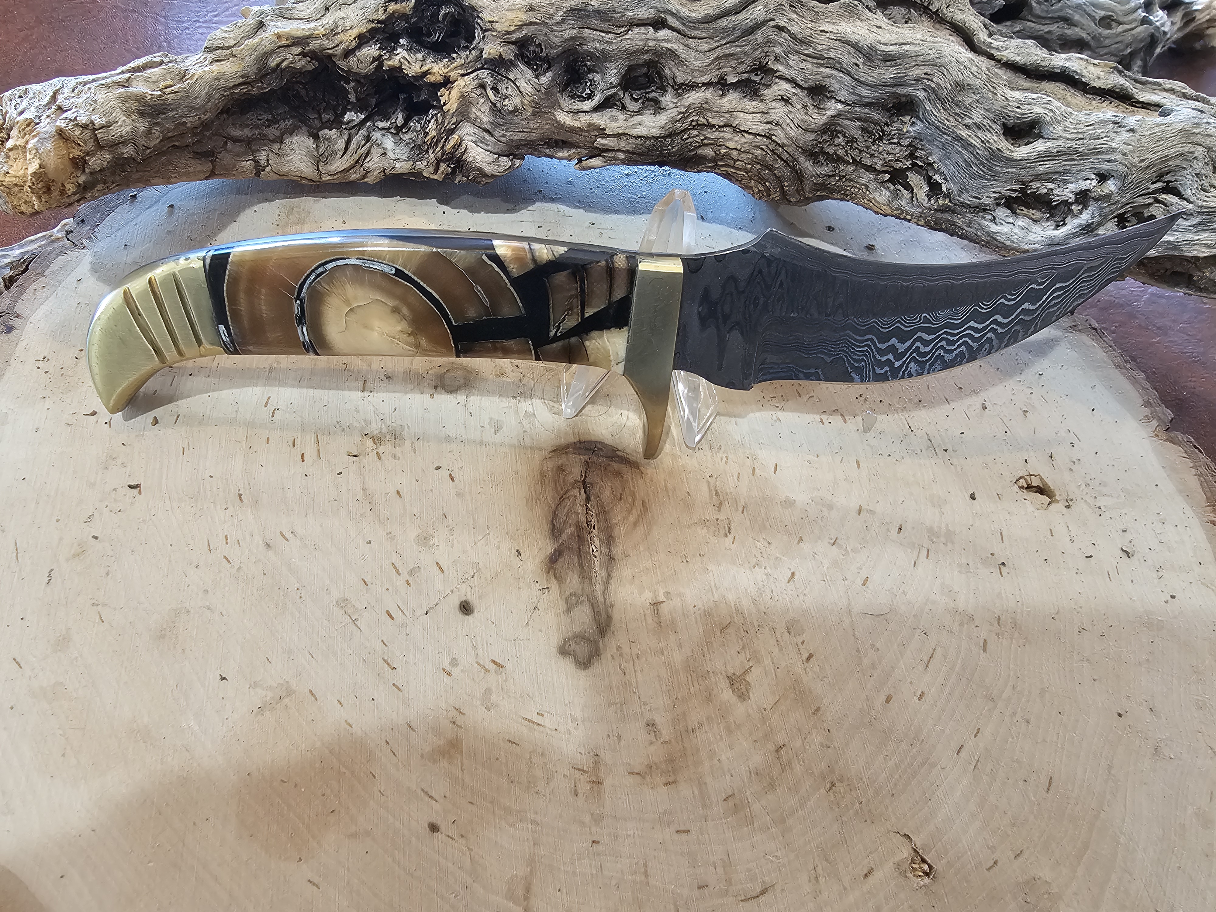 Fixed blade damascus knife with Woolly Mammoth Tusk handle