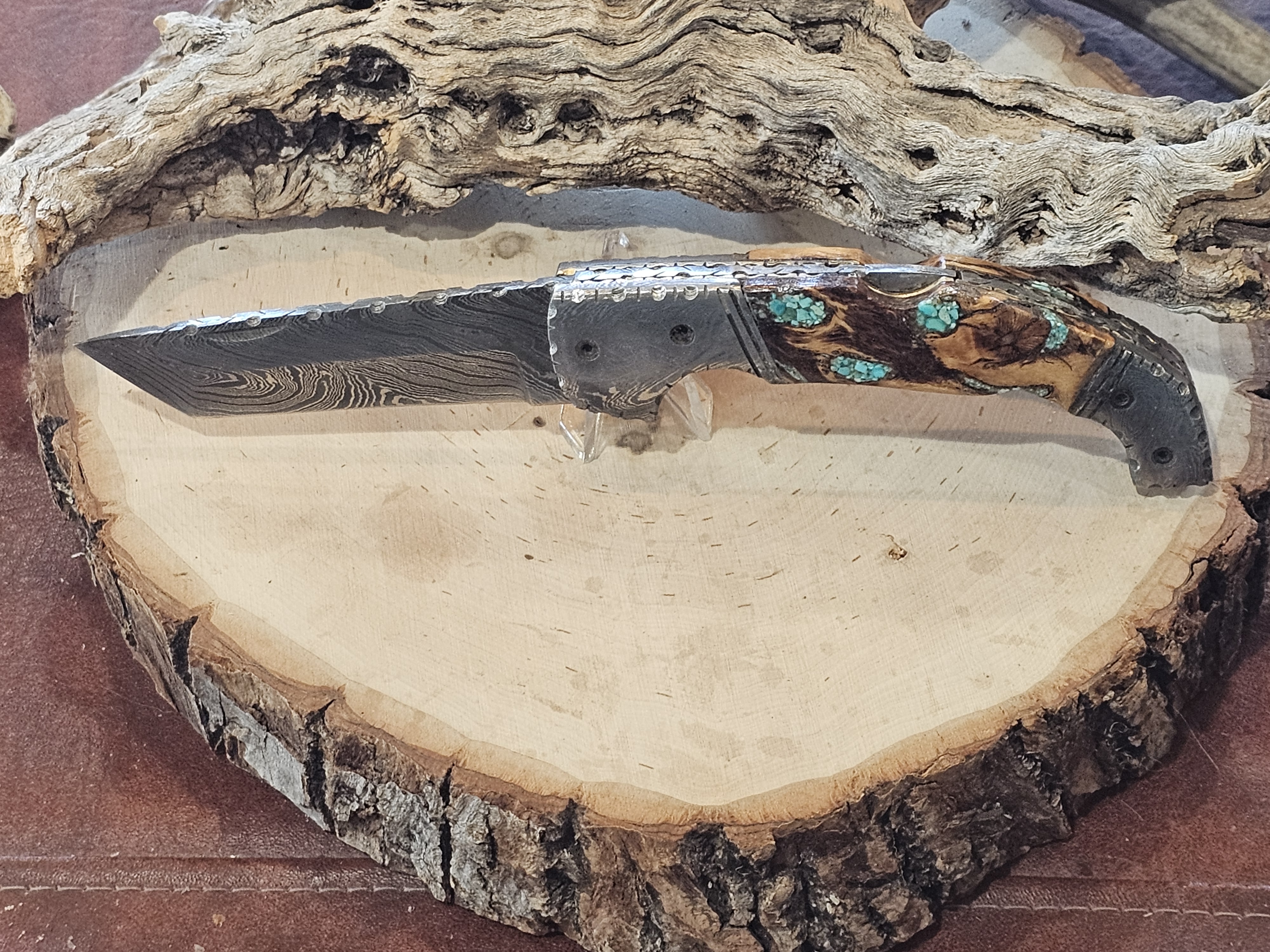 Cholla Cactus inlaid with Sleeping Beauty Turquoise Damascus Folding Knife