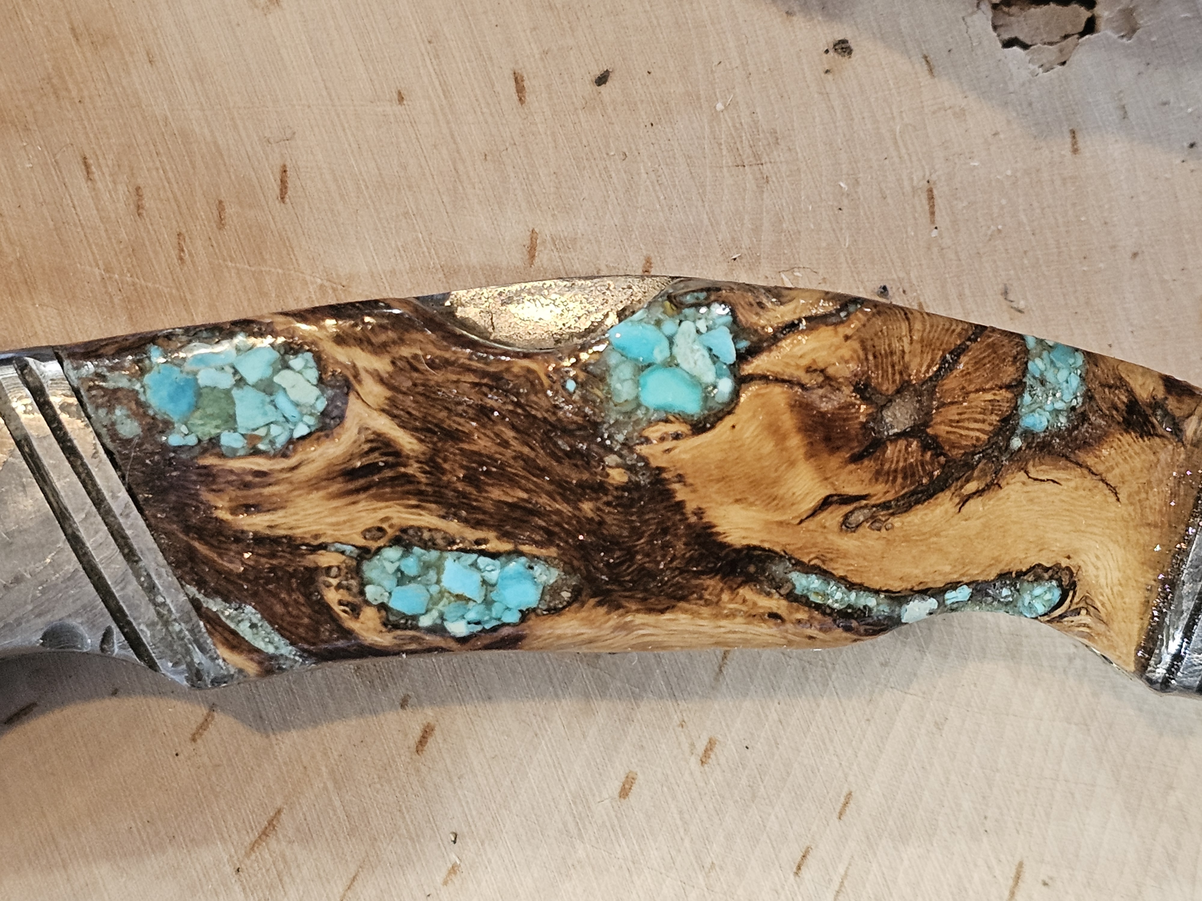 Cholla Cactus inlaid with Sleeping Beauty Turquoise Damascus Folding Knife