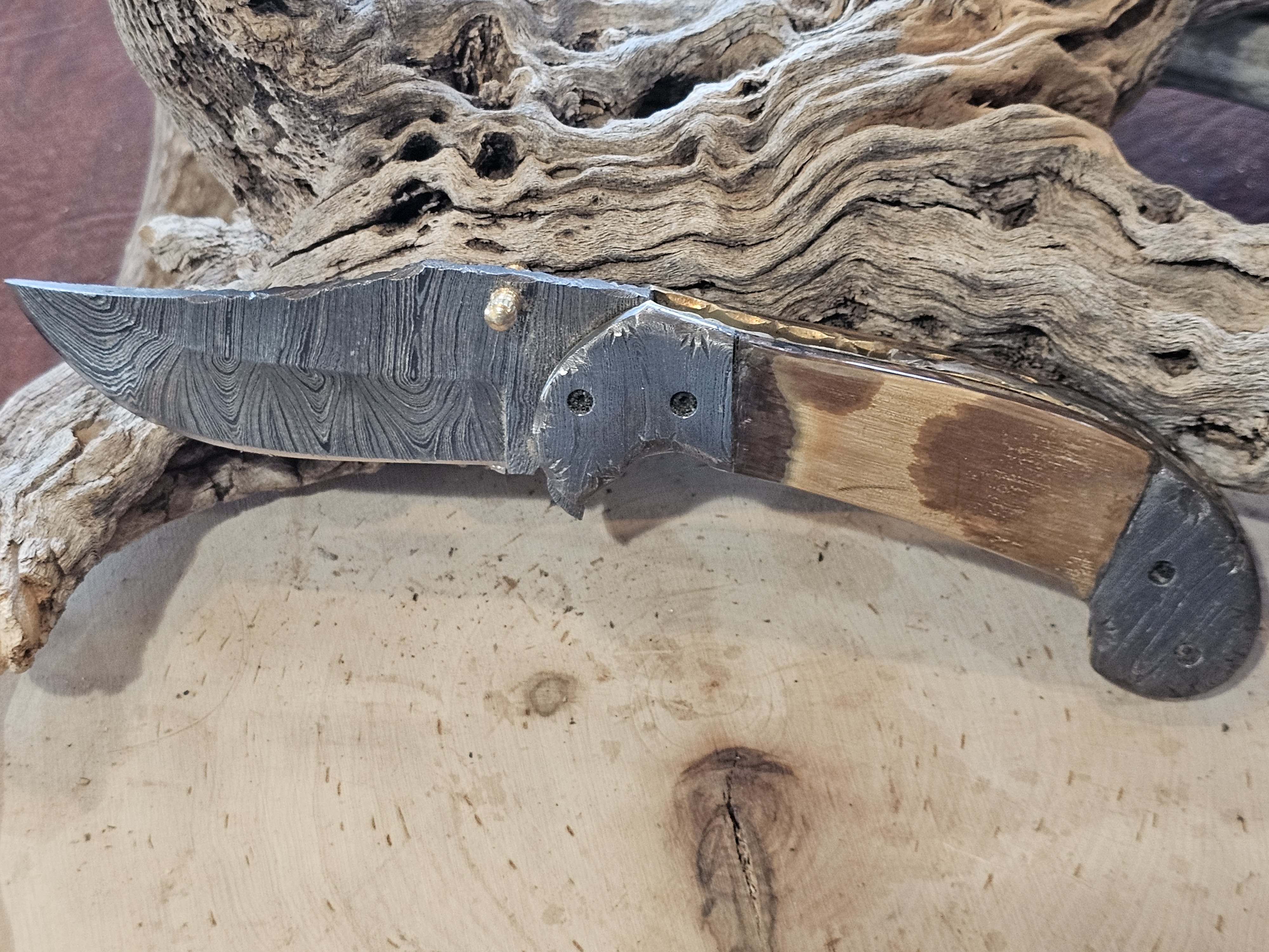 Handcrafted Damascus Folding Knife with Mammoth Tusk Handle