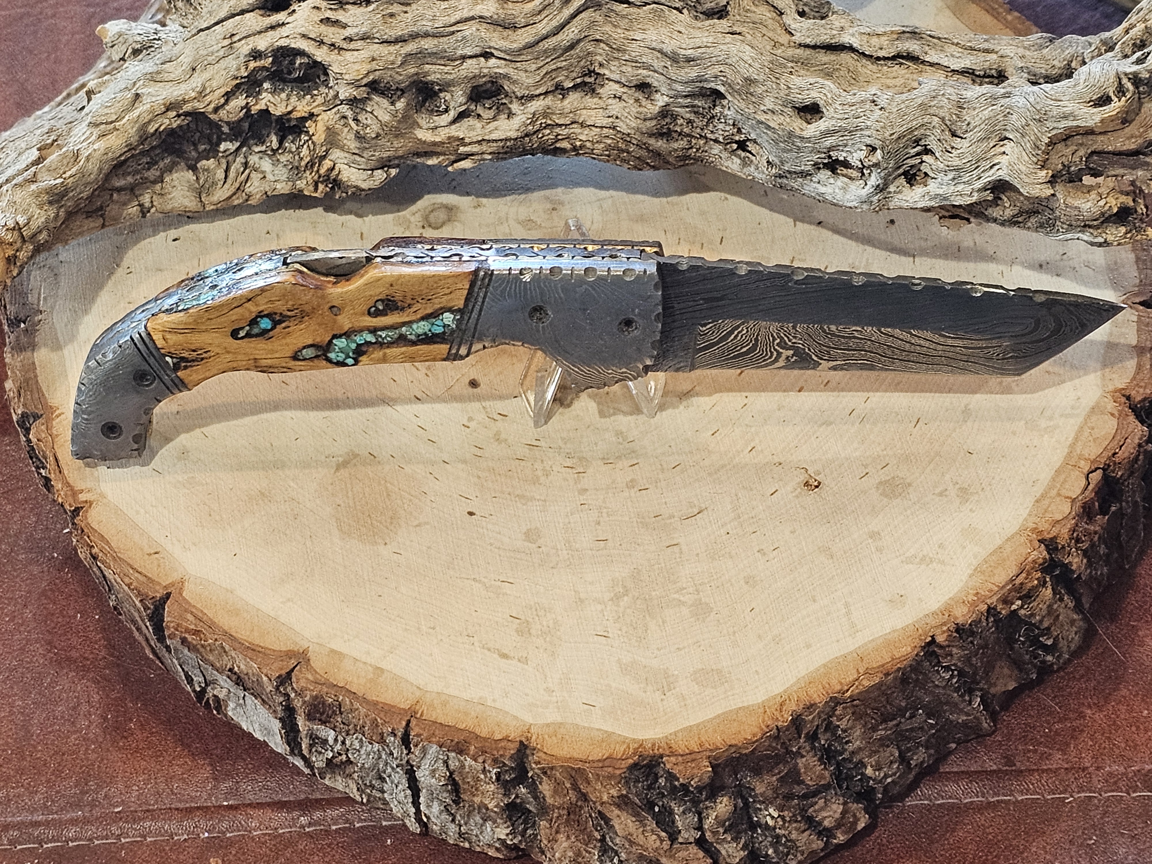 Cholla Cactus inlaid with Sleeping Beauty Turquoise Damascus Folding Knife