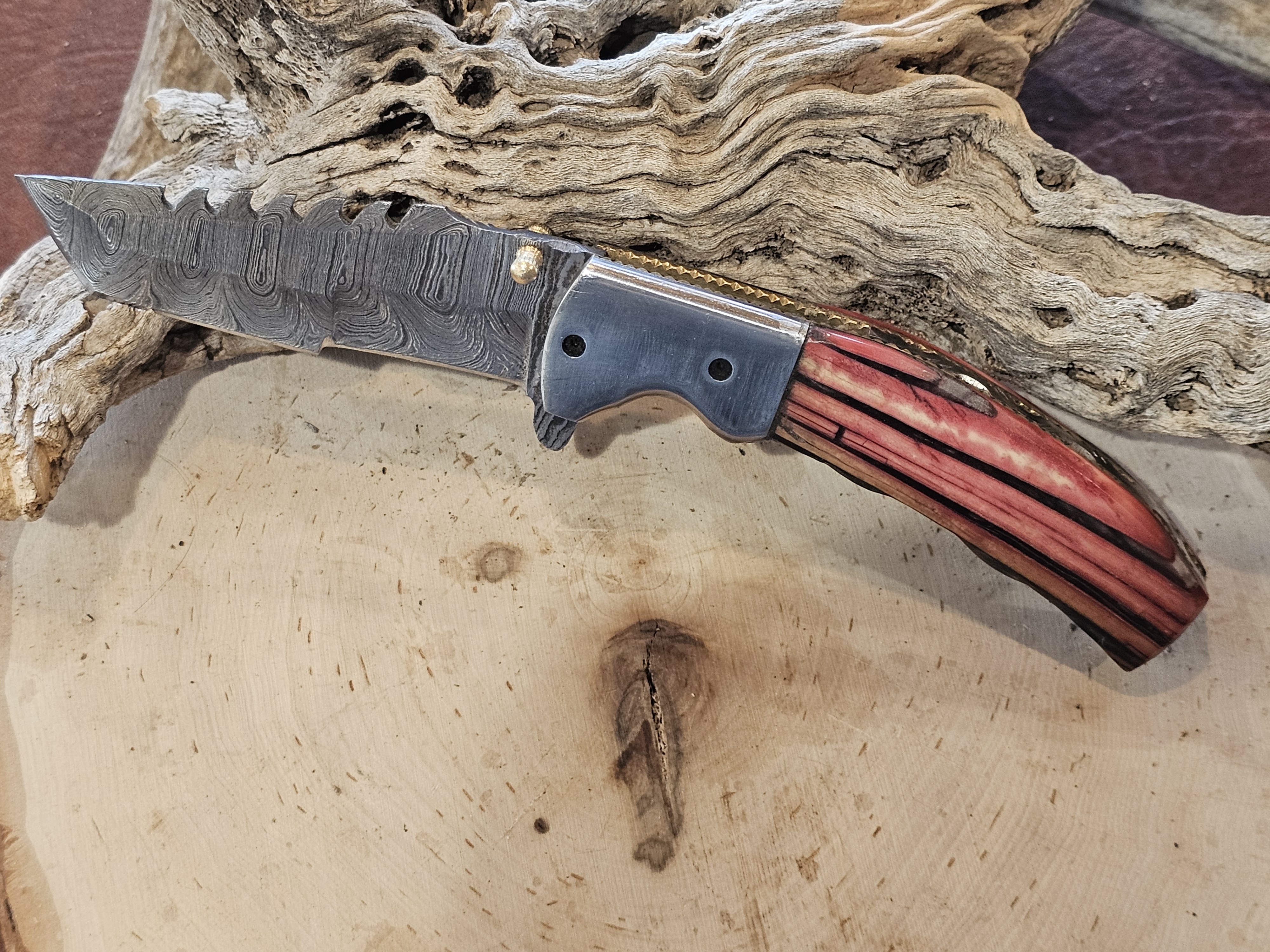 Handcrafted Damascus Folding Knife Woolly Mammoth Tusk Handle