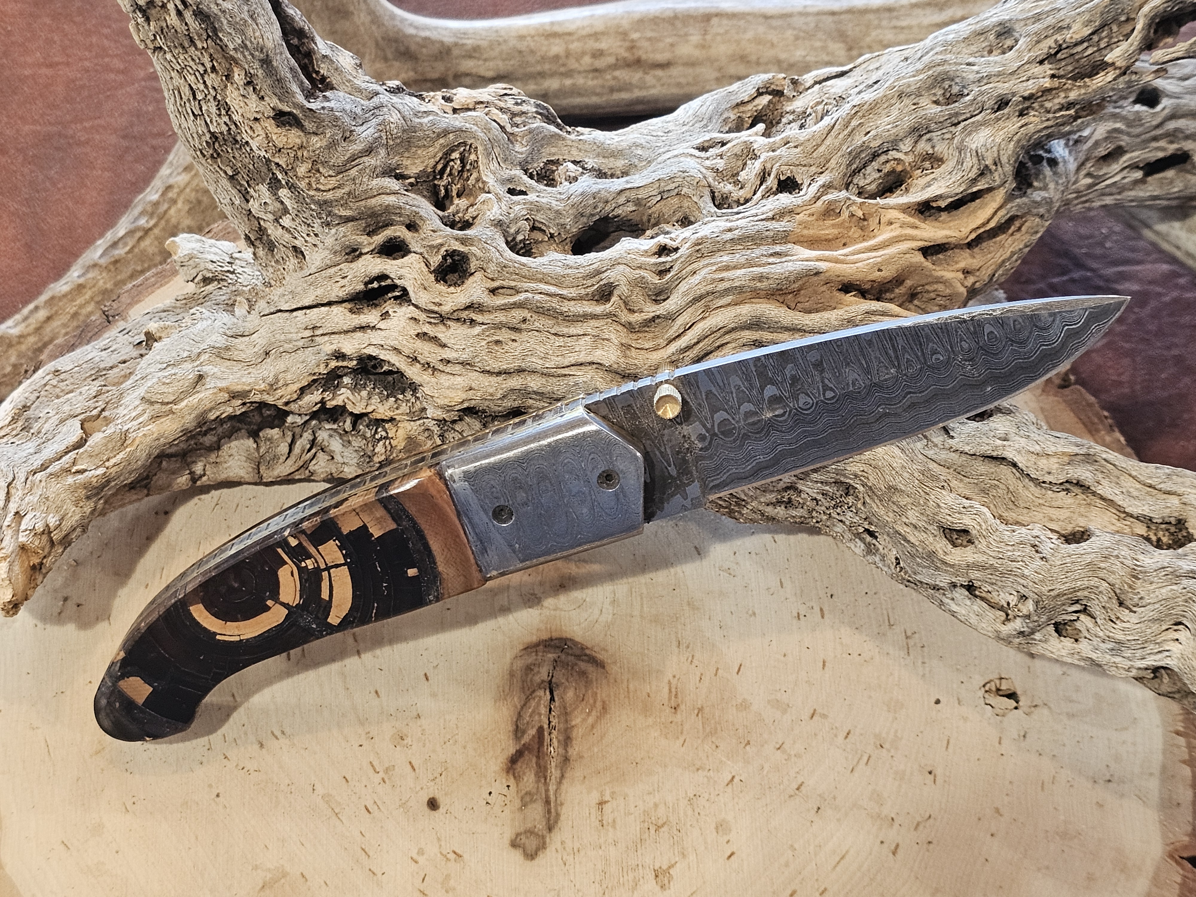 Damascus Folding Knife Woolly Mammoth Tusk Handle