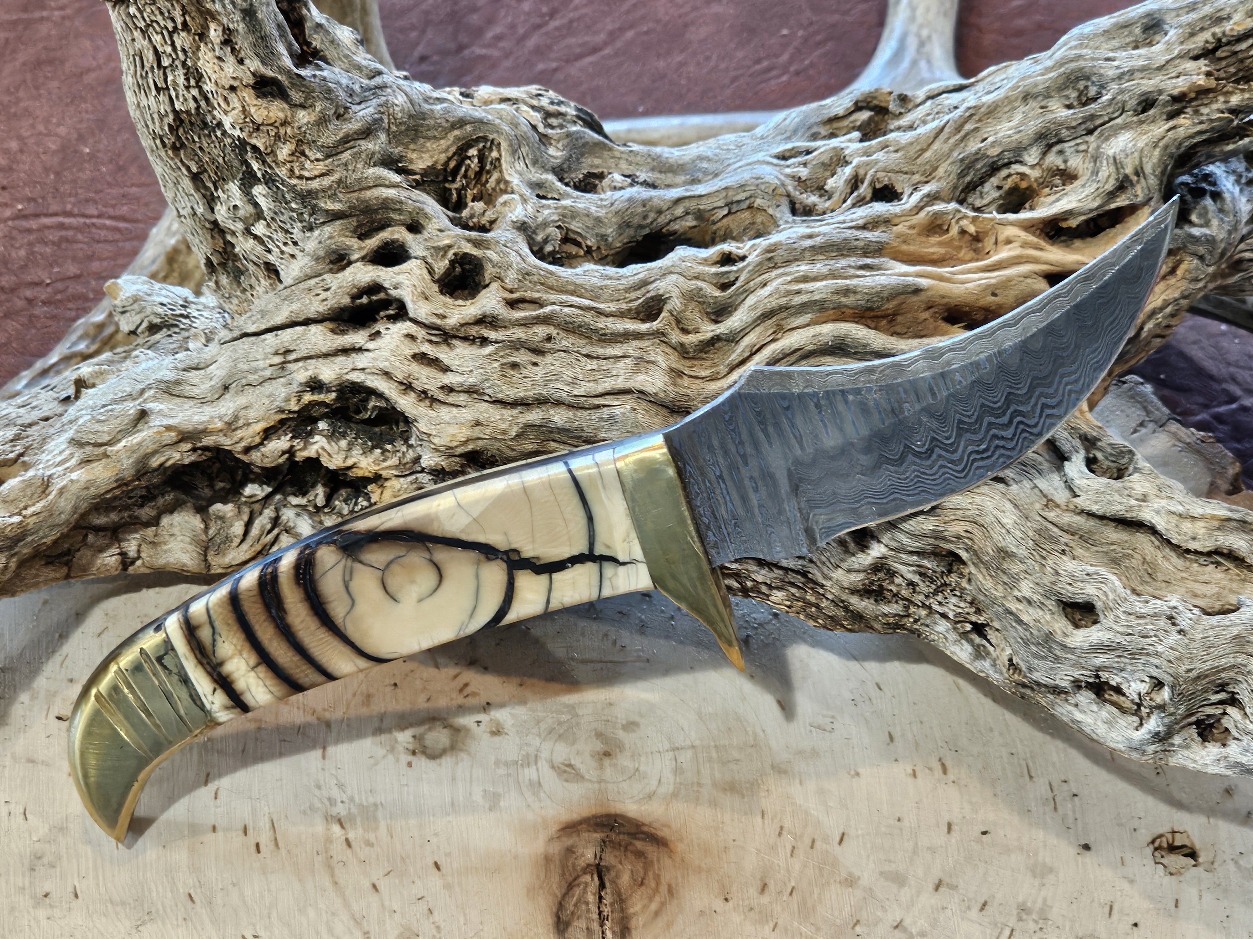 Handcrafted Damascus Steel Hunting Knife with Mammoth Tusk Handle