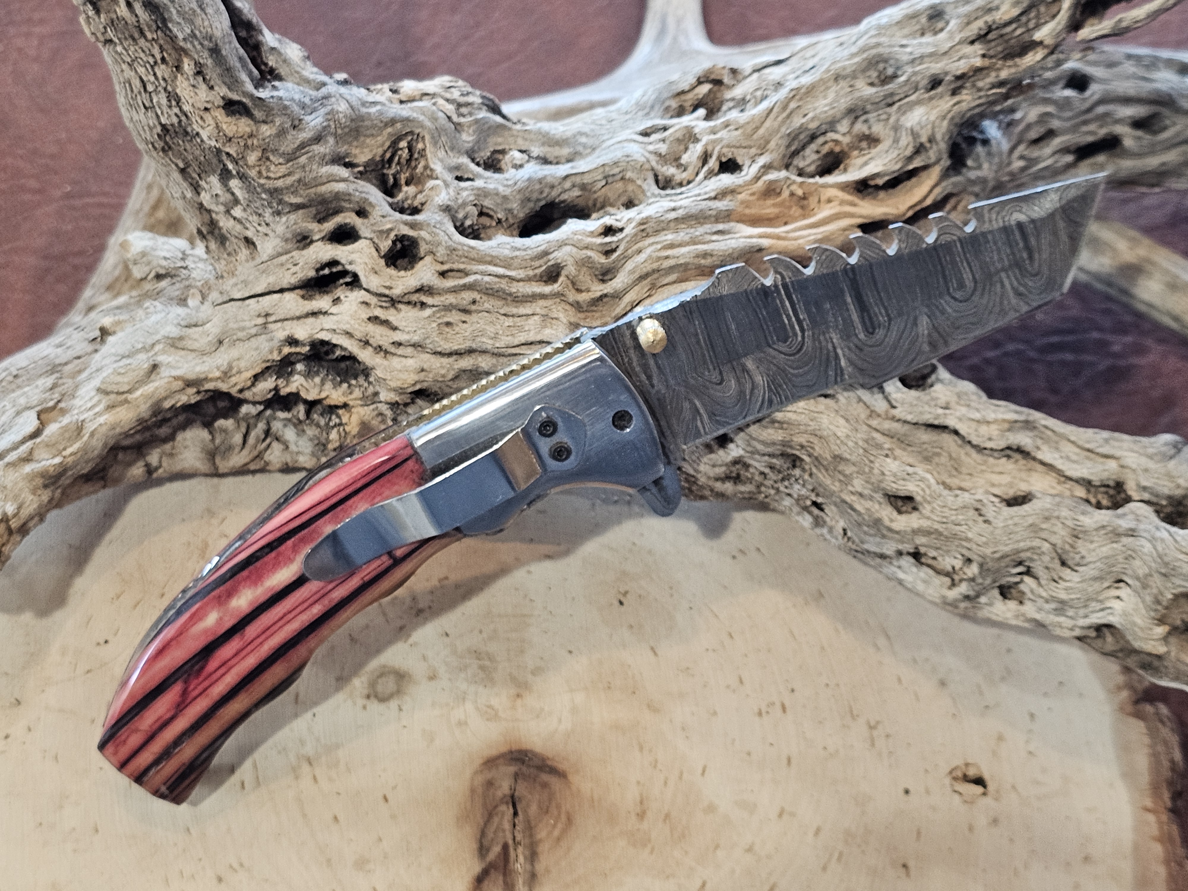 Handcrafted Damascus Folding Knife Woolly Mammoth Tusk Handle