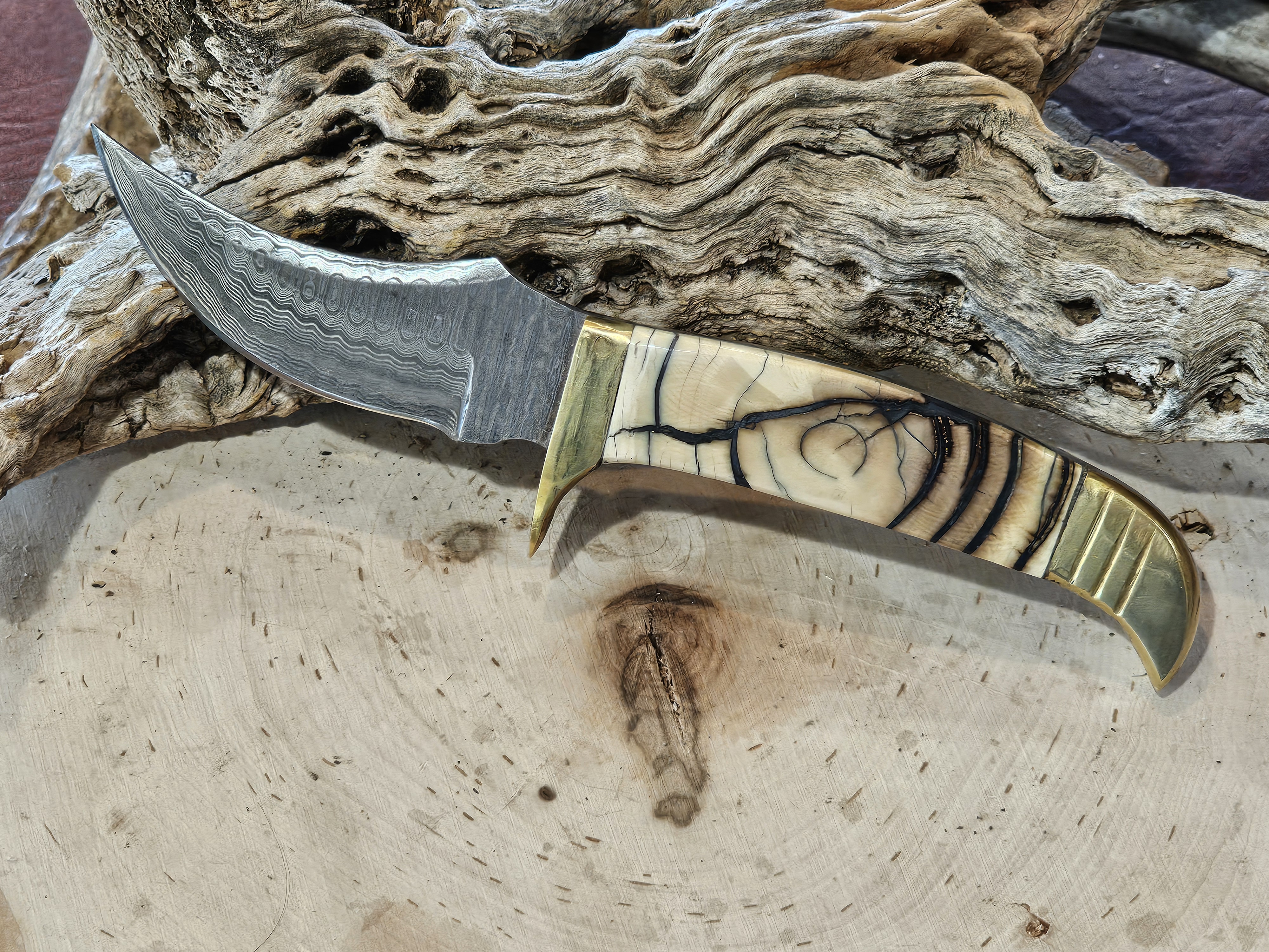 Handcrafted Damascus Steel Hunting Knife with Mammoth Tusk Handle