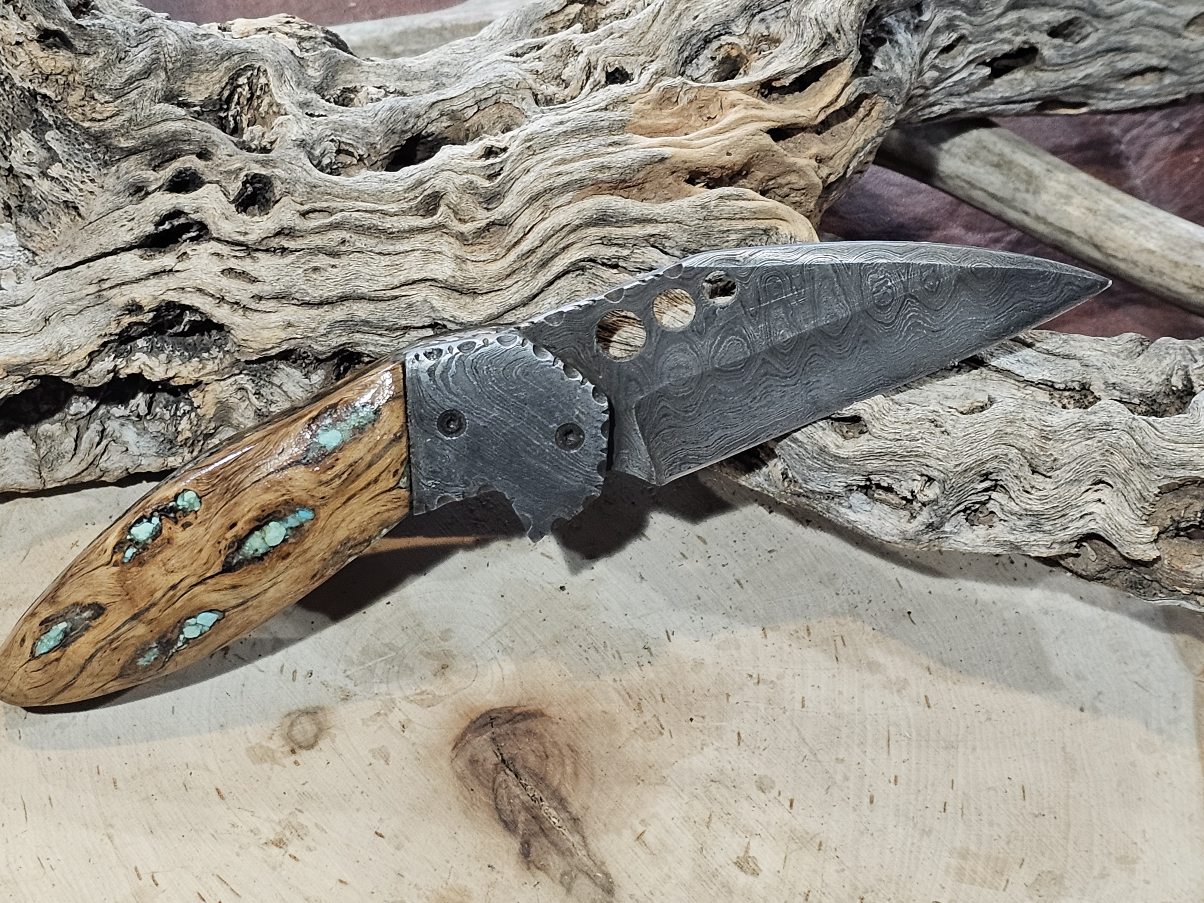 Damascus Folding Knife Cholla Cactus Handle