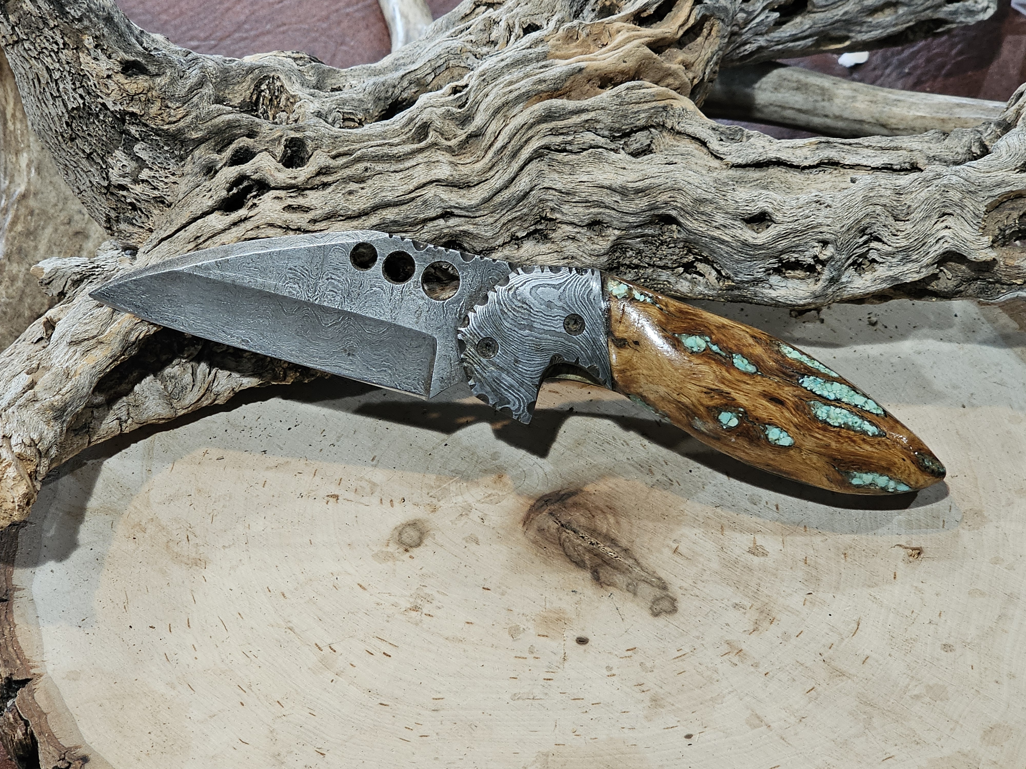 Damascus Folding Knife Cholla Cactus Handle