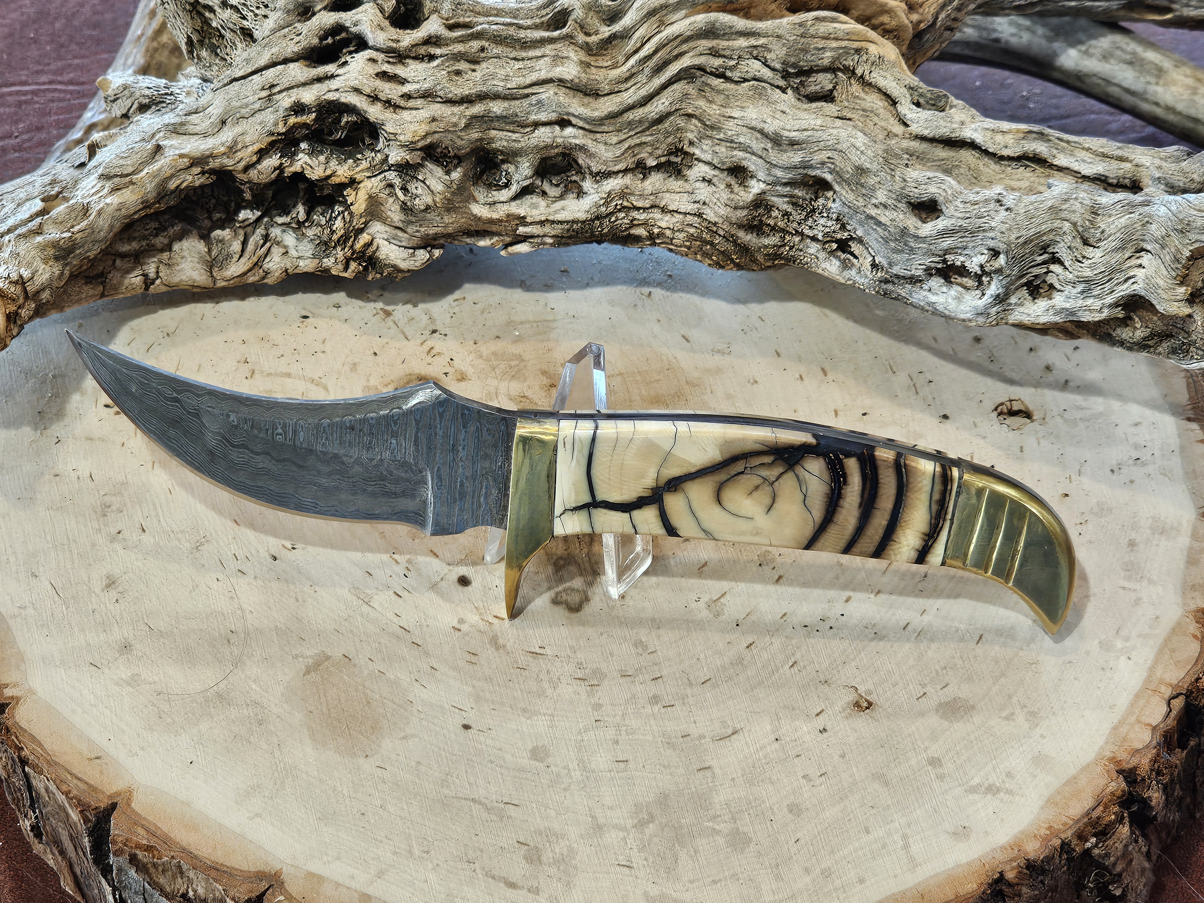Handcrafted Damascus Steel Hunting Knife with Mammoth Tusk Handle