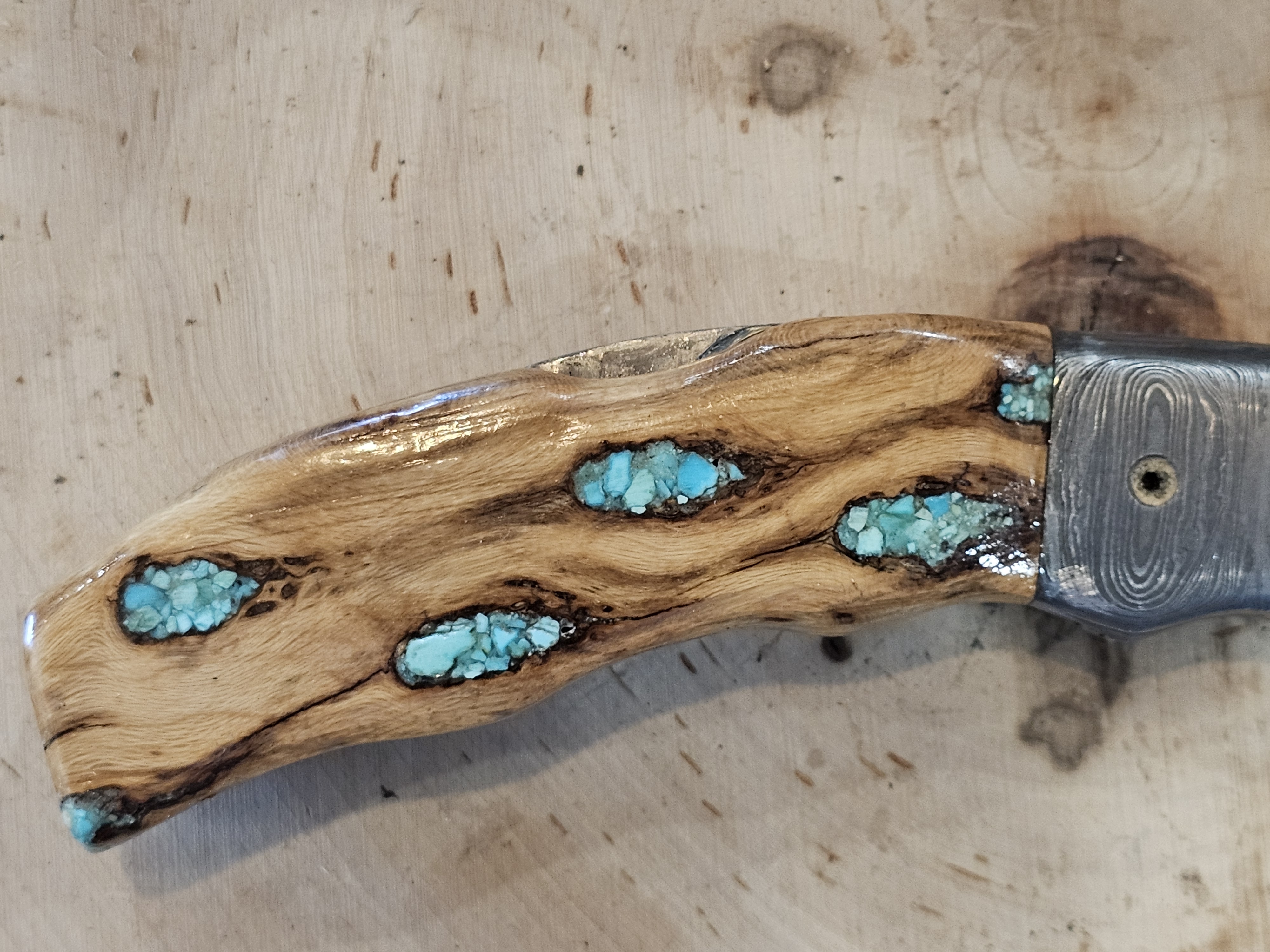 Cholla Cactus and Sleeping Beauty Turquoise Damascus Folding Knife