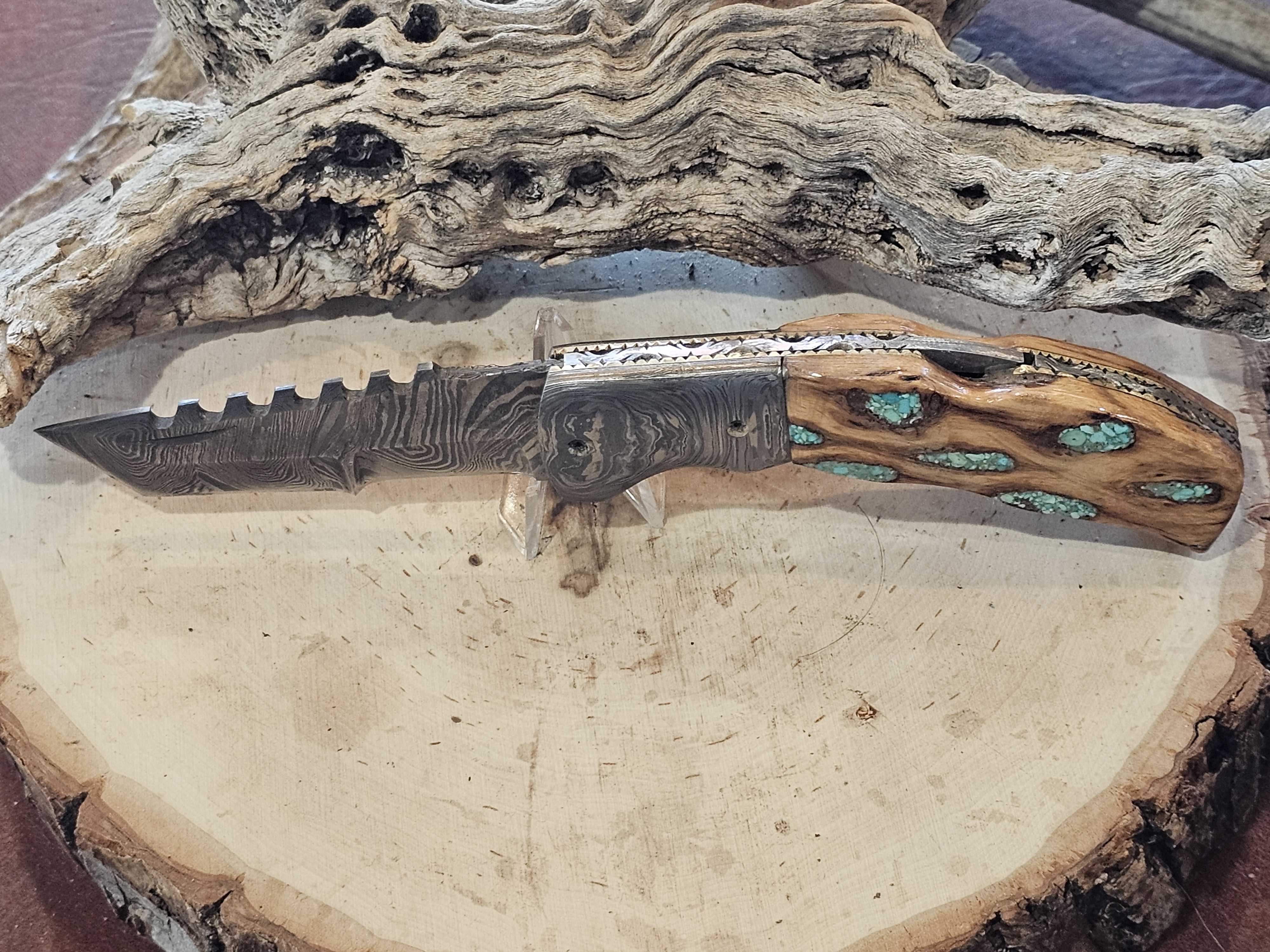 Cholla Cactus and Sleeping Beauty Turquoise Damascus Folding Knife