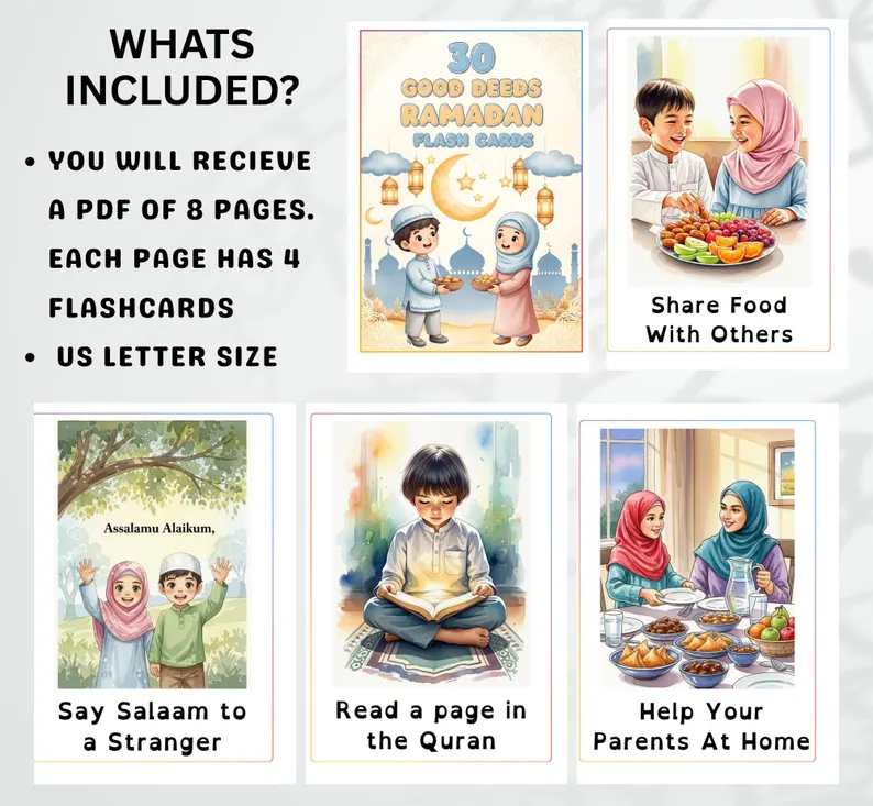 30 Ramadan Good Deeds Flashcards For Kids (Digital Download)