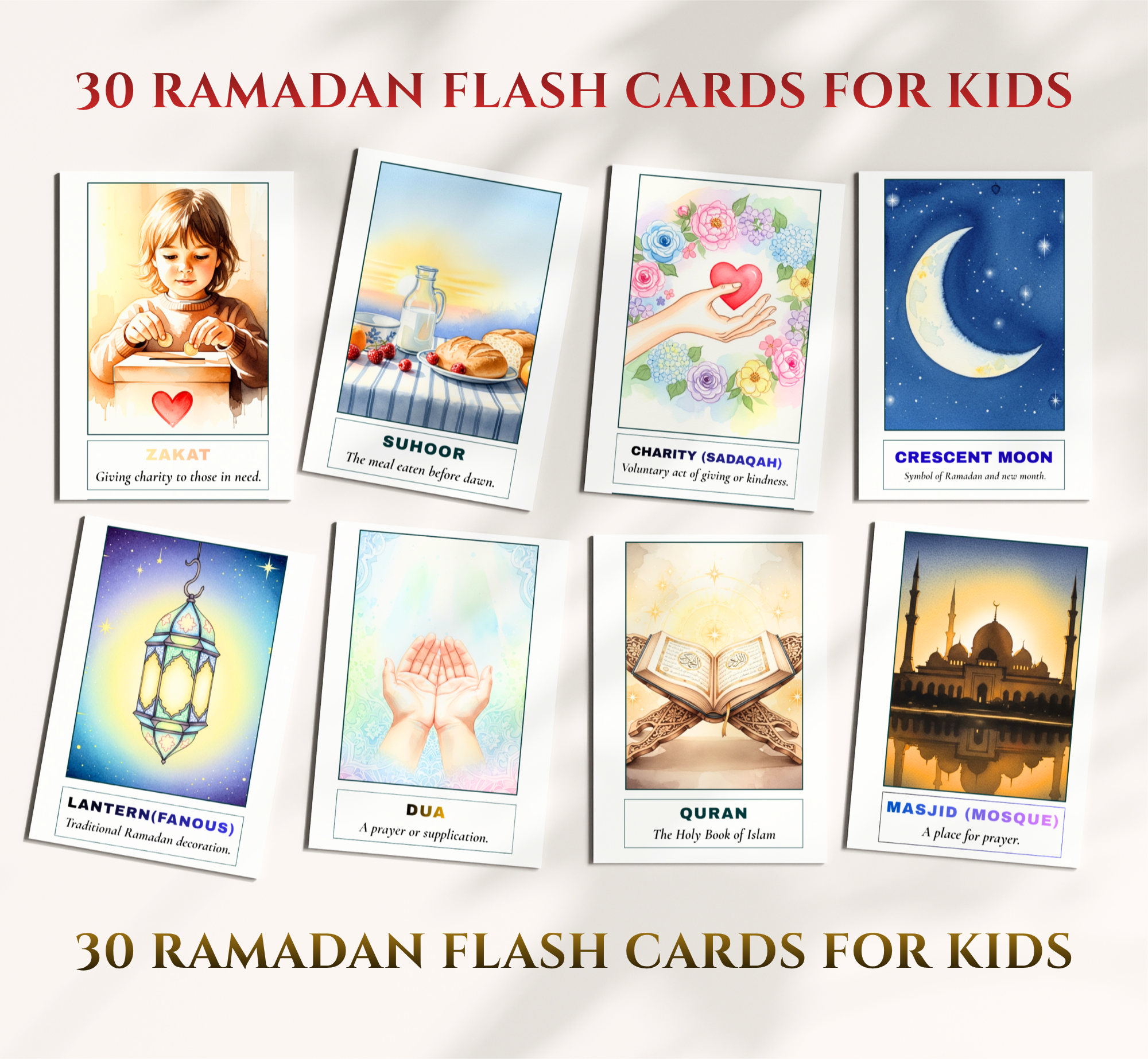 Ramadan Flashcards for Kids, Islamic Learning, Printable Vocabulary Cards (PDF)