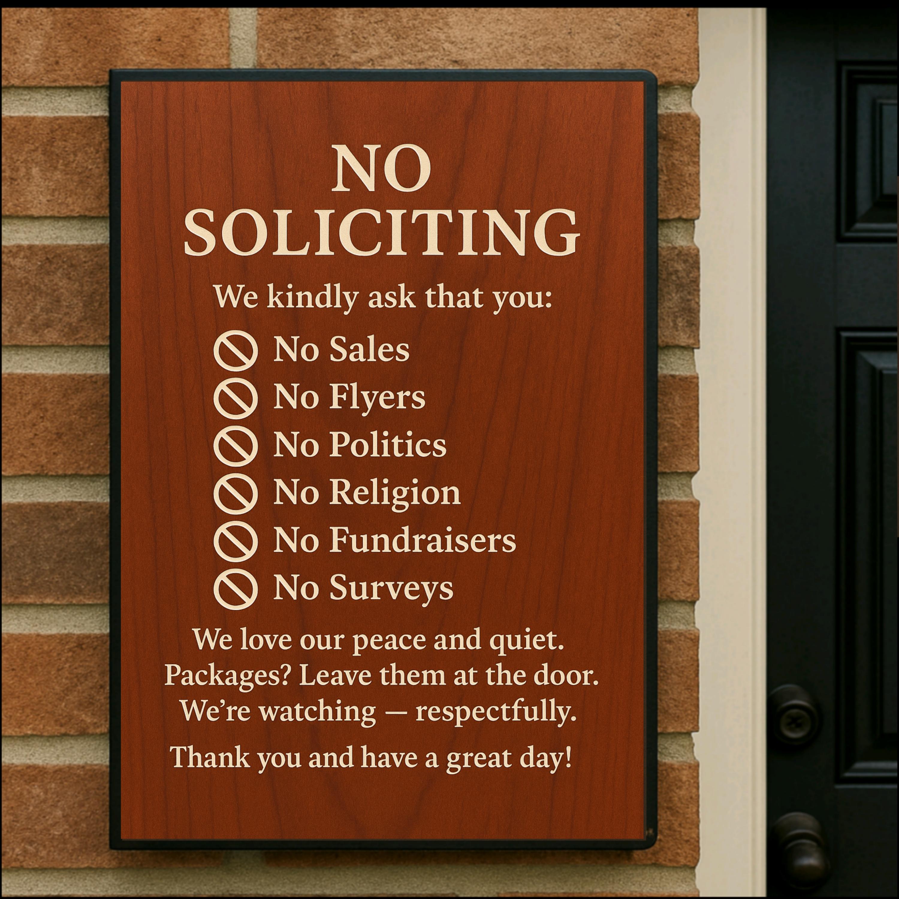 No Soliciting Sign Printable | Elegant Cherry Wood Design | Instant Download Door Sign