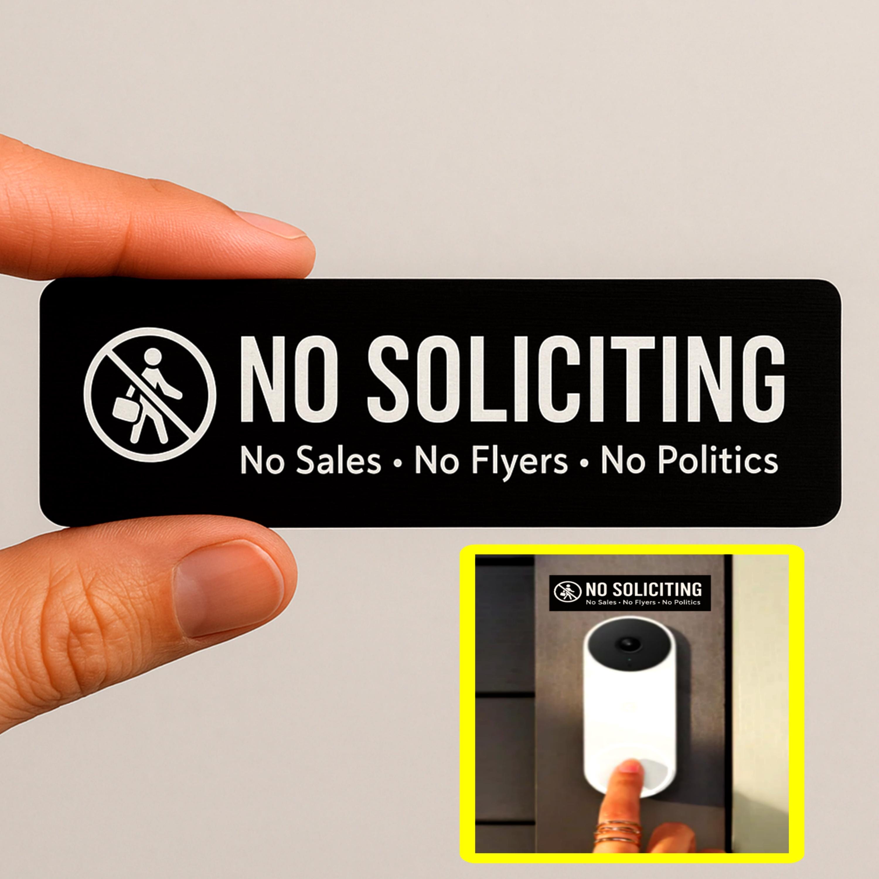 No Soliciting Sign - Fits Ring Doorbell Camera - Weatherproof Peel & Stick Laminated Door Sign