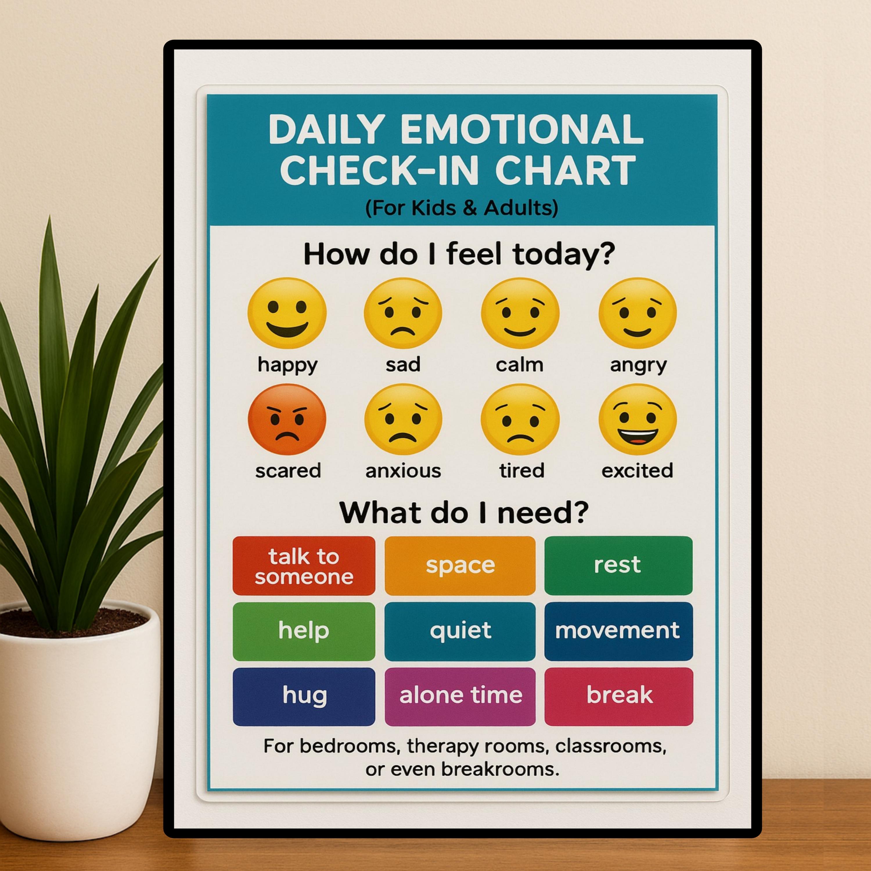 Laminated Daily Feelings Chart: Kids & Adults Emotional Check-In