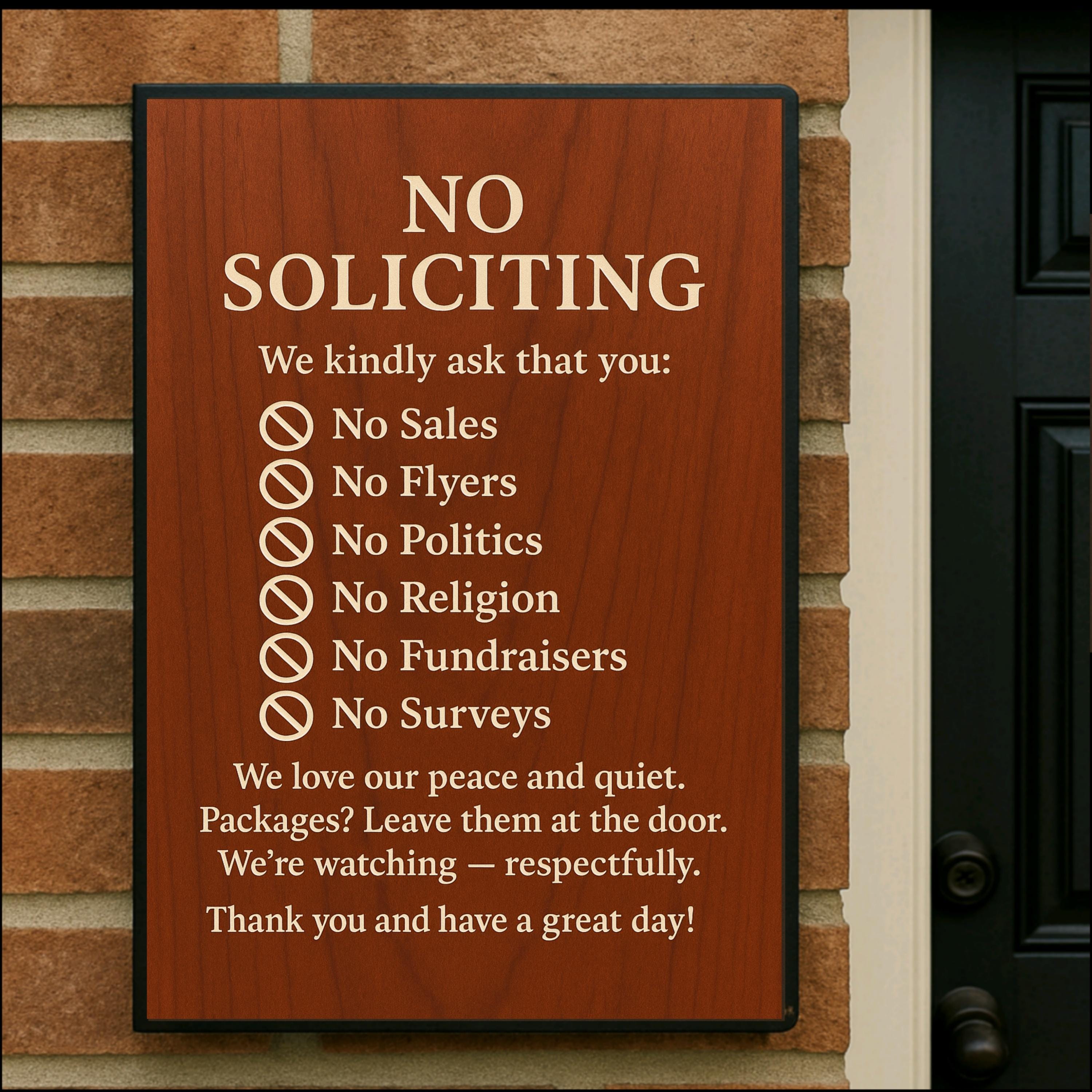 No Soliciting Sign Printable | Elegant Cherry Wood Design | Instant Download Door Sign